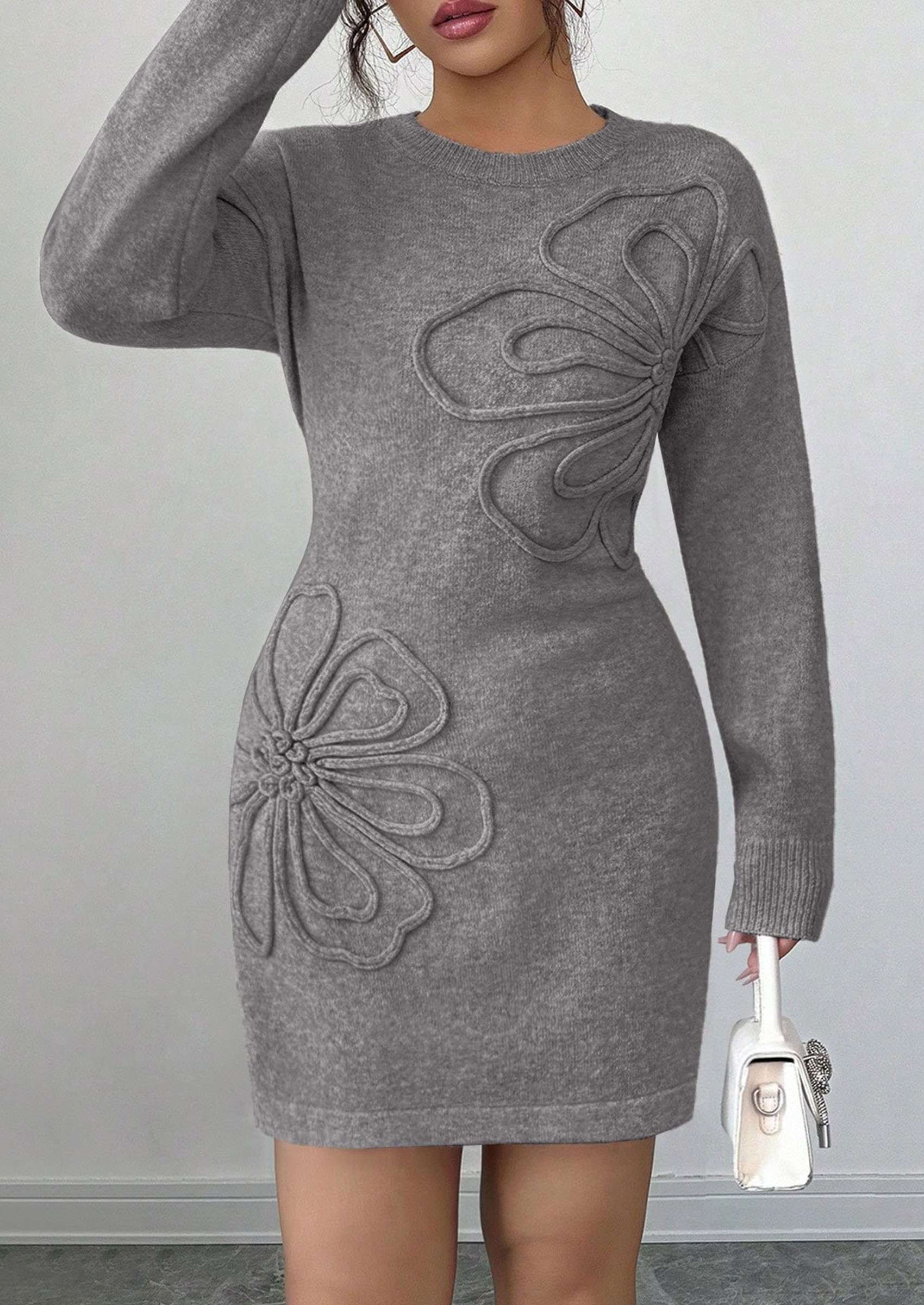 Women's Embroidered Long Sleeve Bodycon Mini Sweater Dress