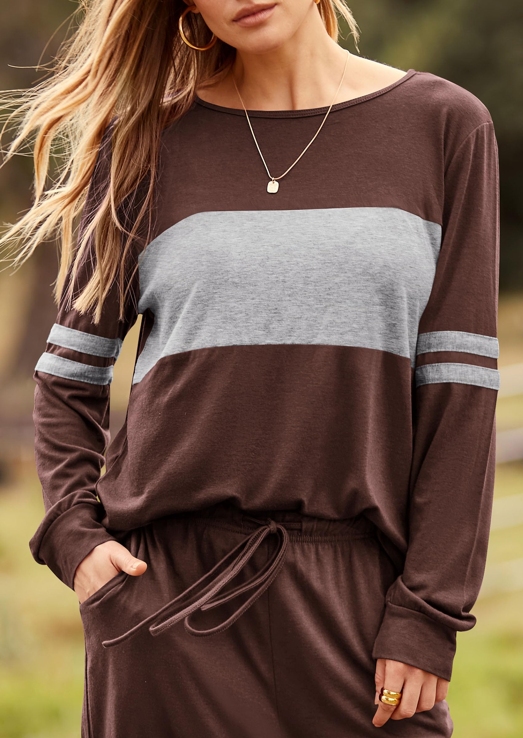 Women Color Block 2 Piece Sets Tracksuit,Brown,S