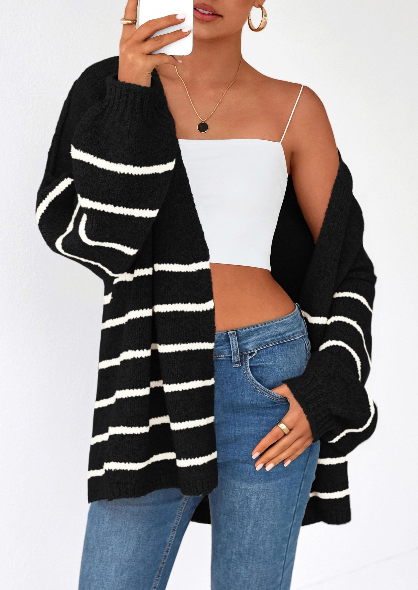 Womens Oversized Cardigan Sweaters 2026 Fall Long Lantern Sleeve Knit Open Front Lightweight Sweater (Striped Black White,Small)