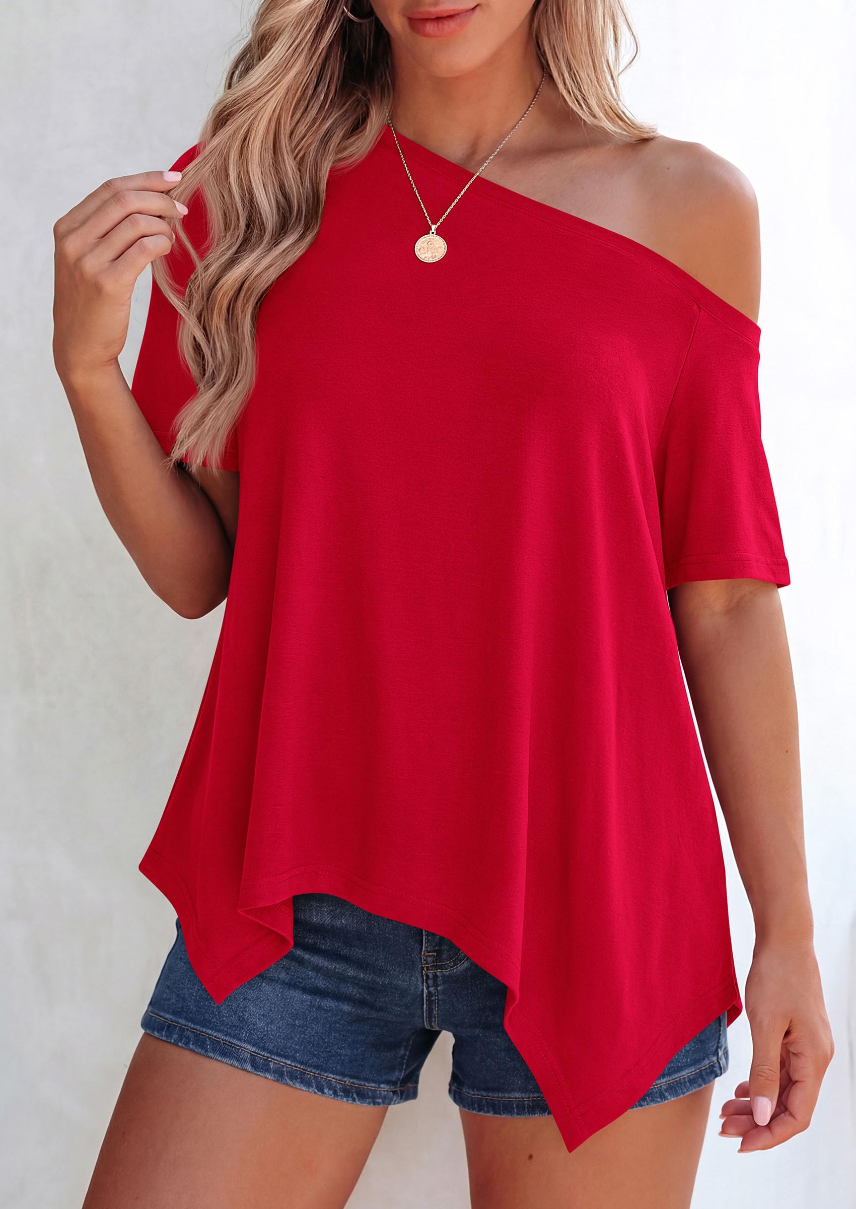 Off Shoulder Tops for Women Oversized Tshirts, Red,S