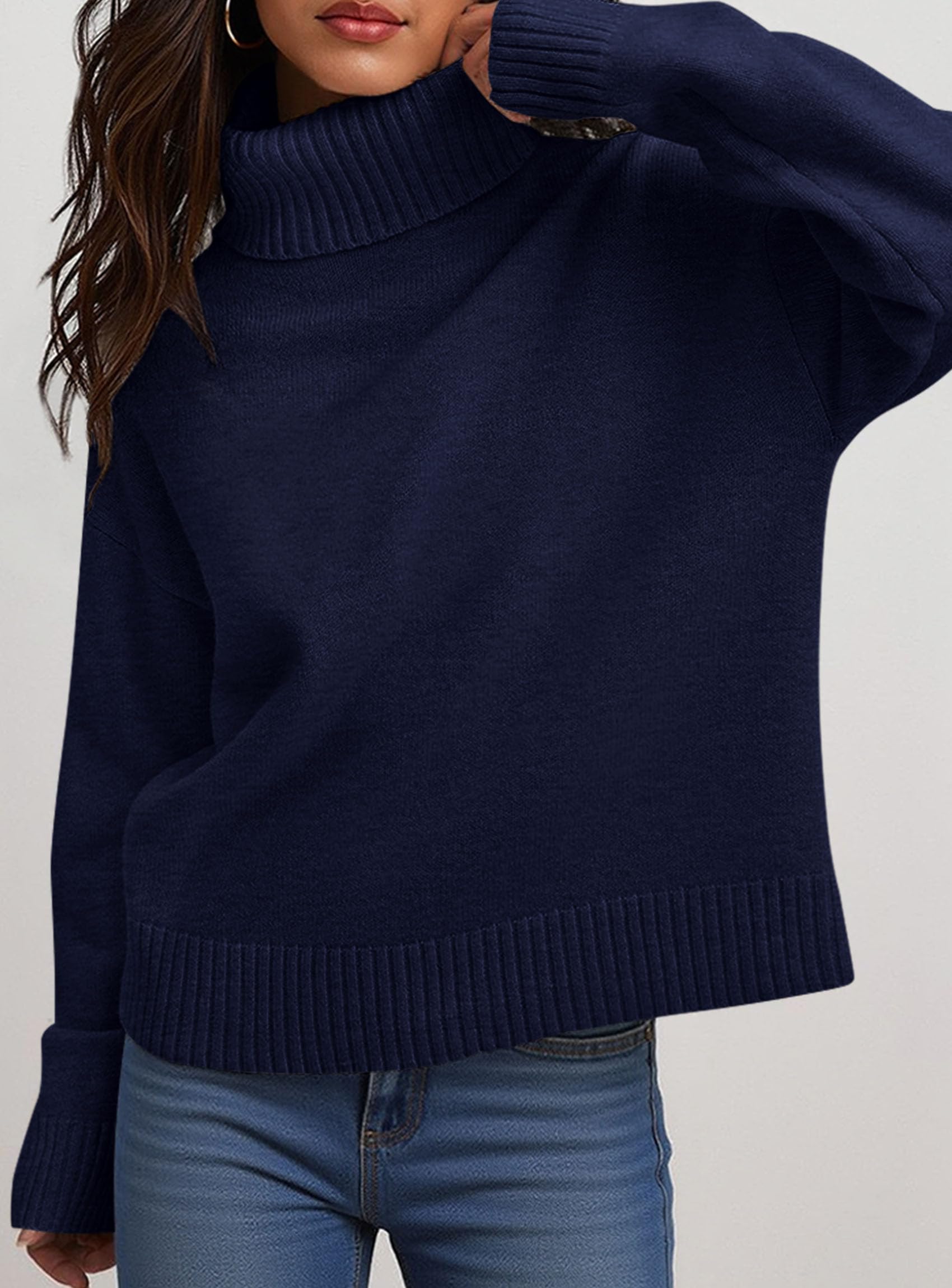 Womens Turtleneck Long Sleeve Knit Sweater,Navy Blue,S