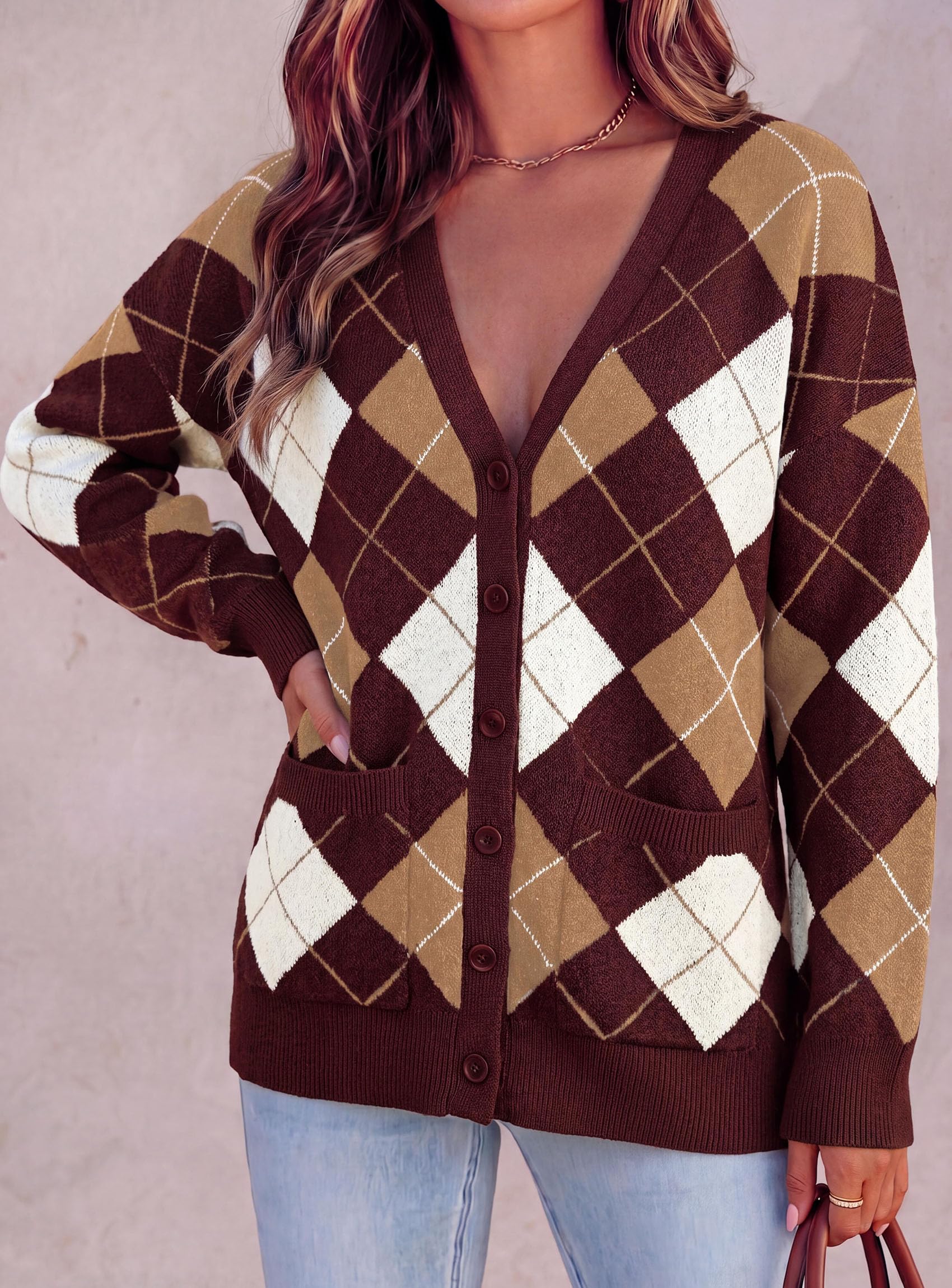 Women's Cardigan Argyle Winter Sweaters (Plaid Wine Red,S)