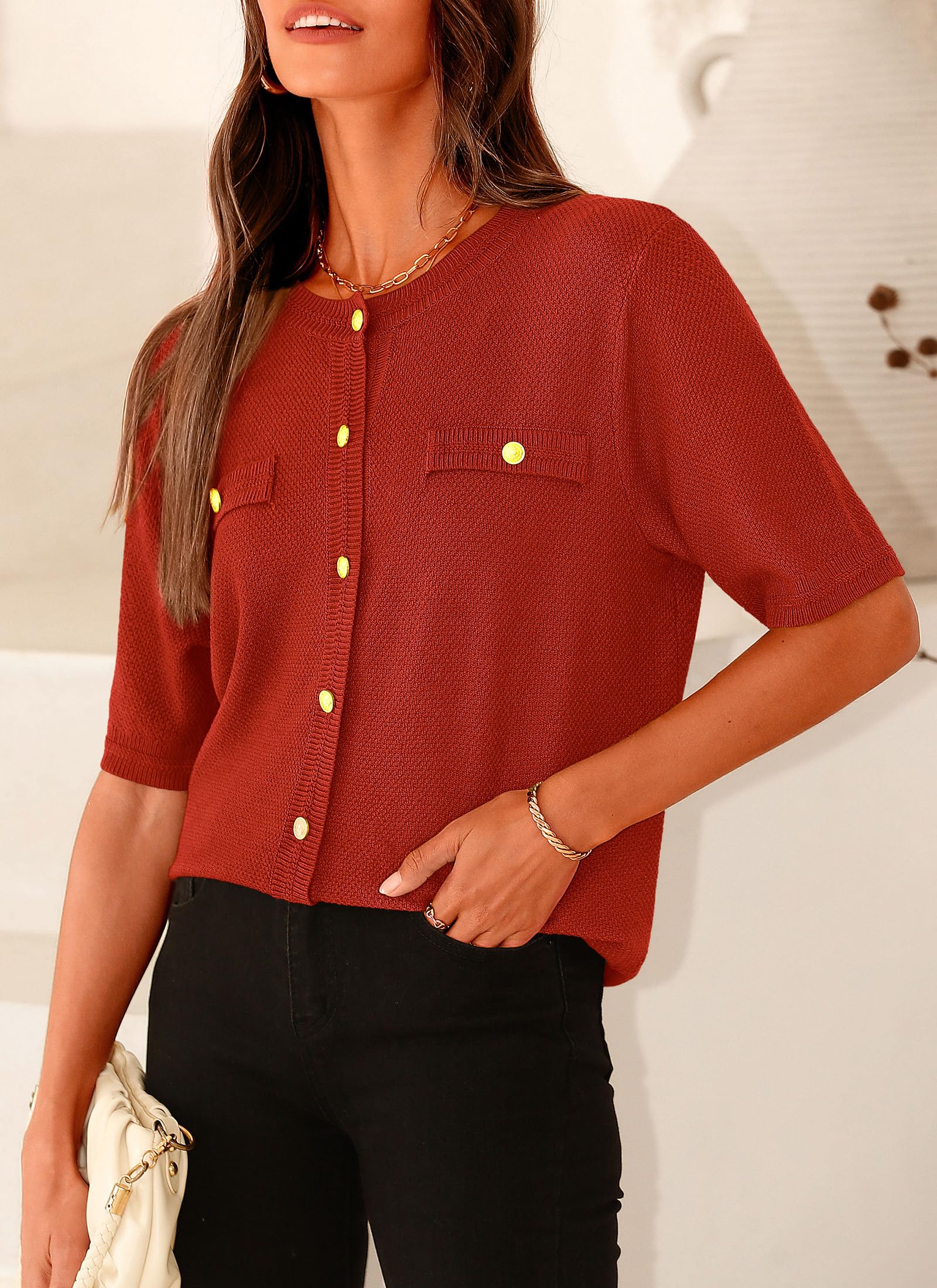Women's Summer Casual Button Down Shirts Rust Red,Small