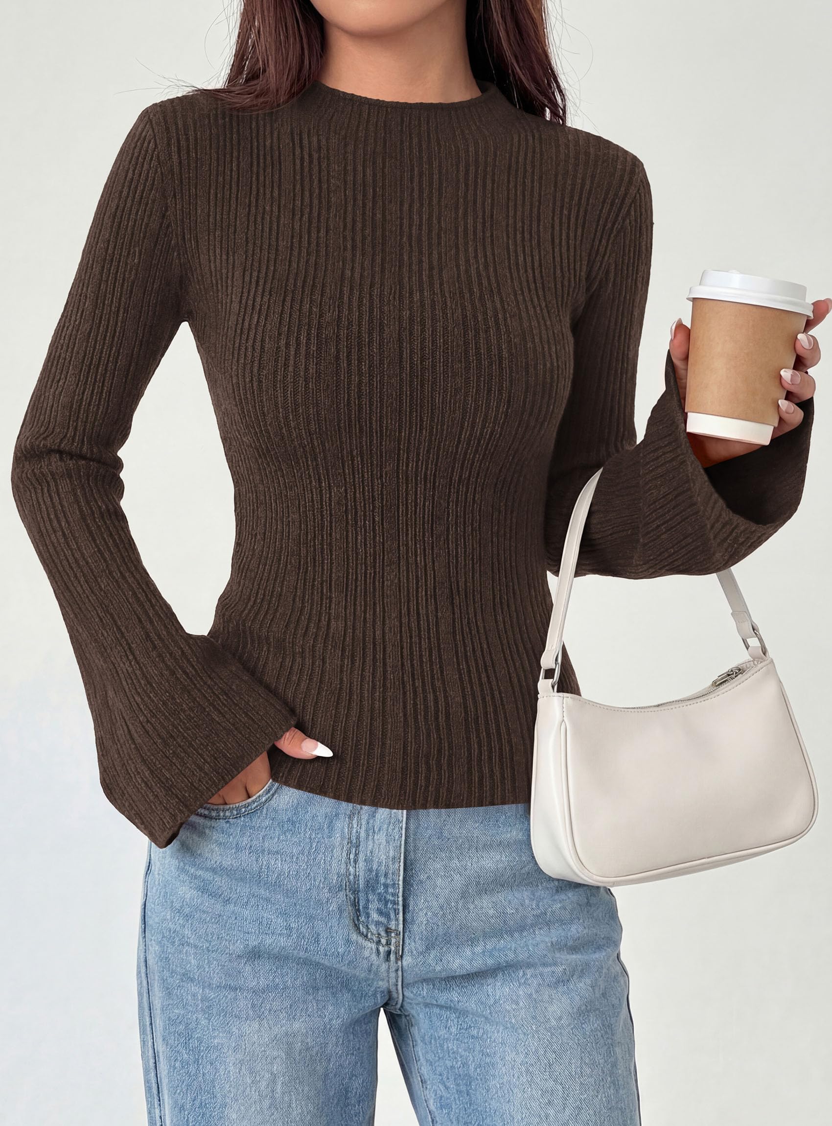 Womens Bell Long Sleeve Tops Mock Neck Sweaters,Brown,S
