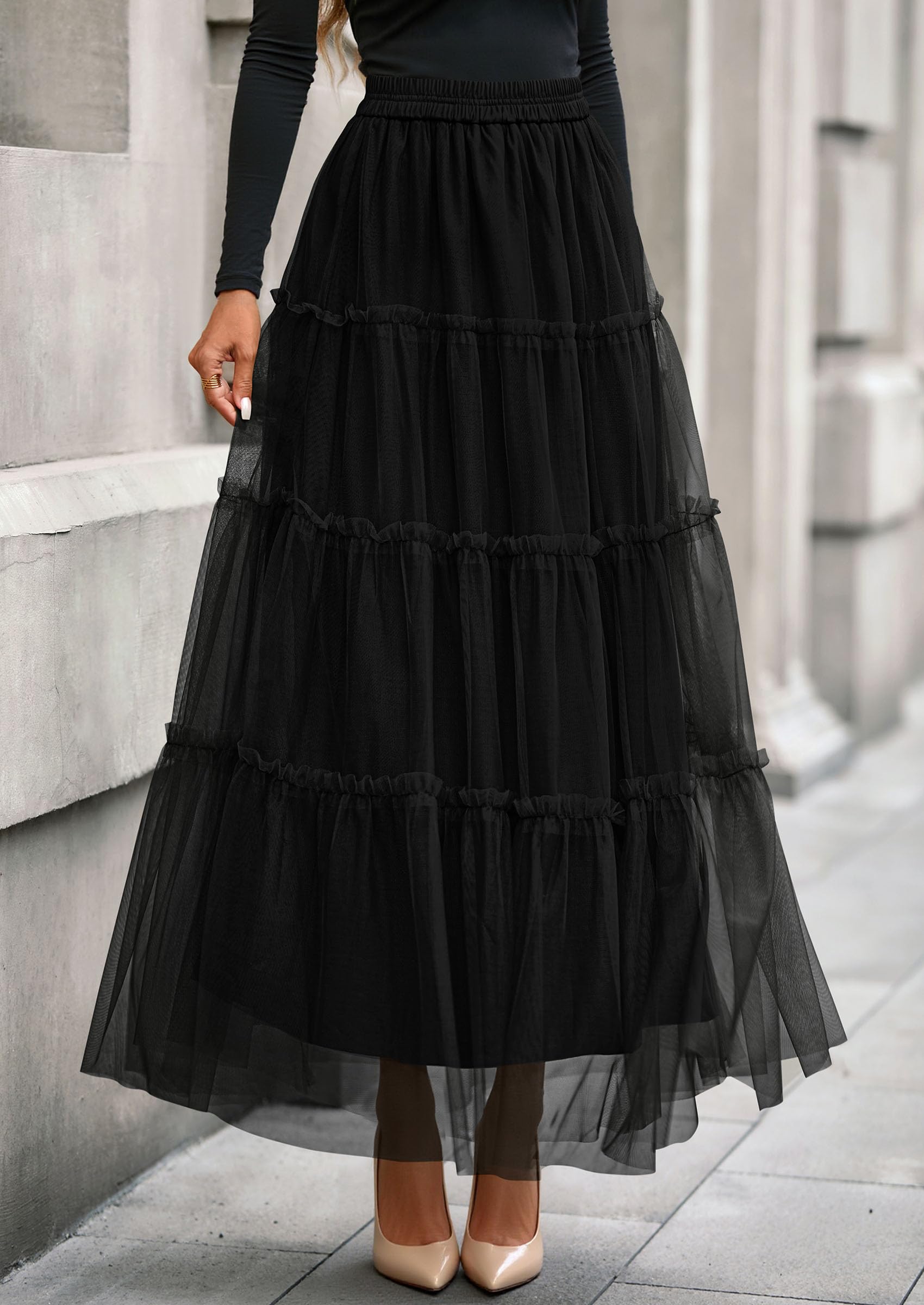 Women's Fall Soft Tulle Tiered Long Skirt,Black,S