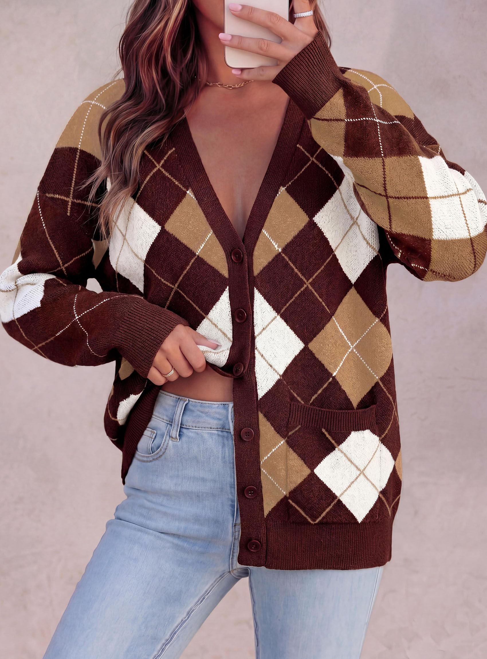Women's Cardigan Argyle Winter Sweaters (Plaid Wine Red,S)