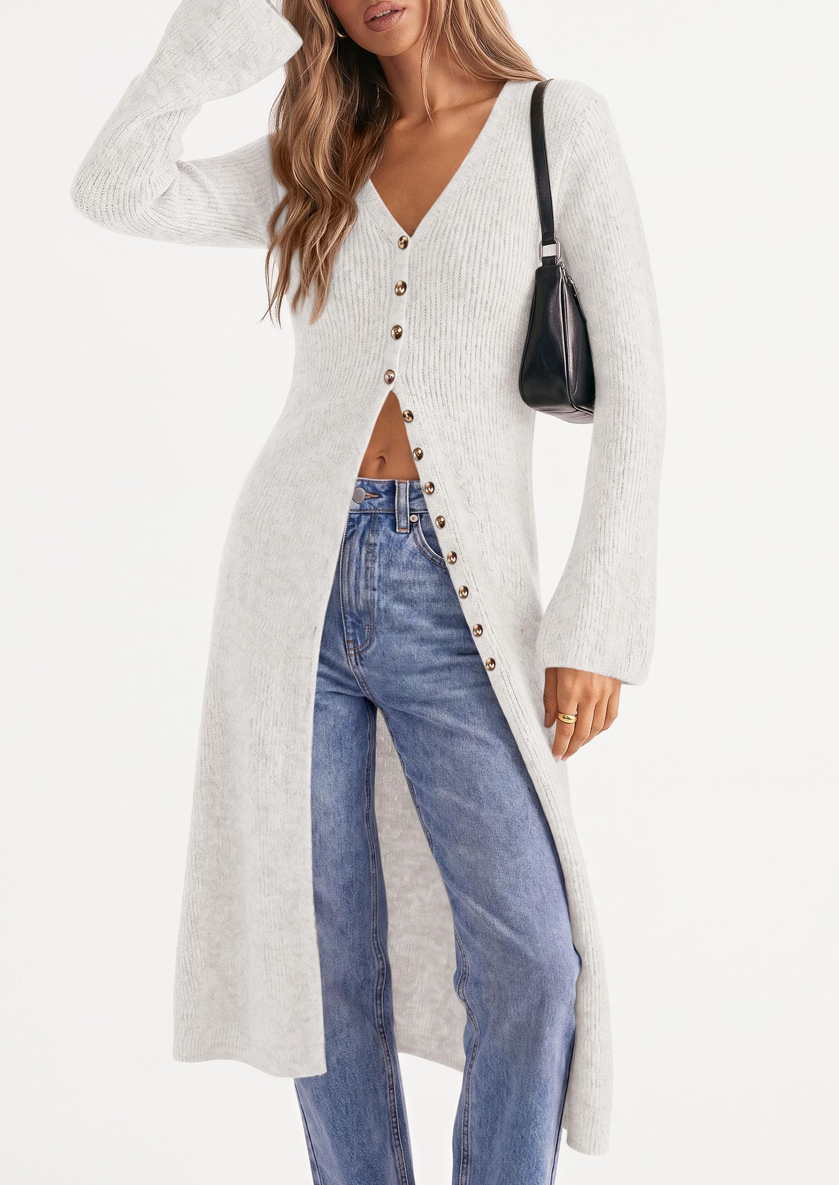 Women Long Cardigan Bell Sleeve Sweater Dress (White,S)