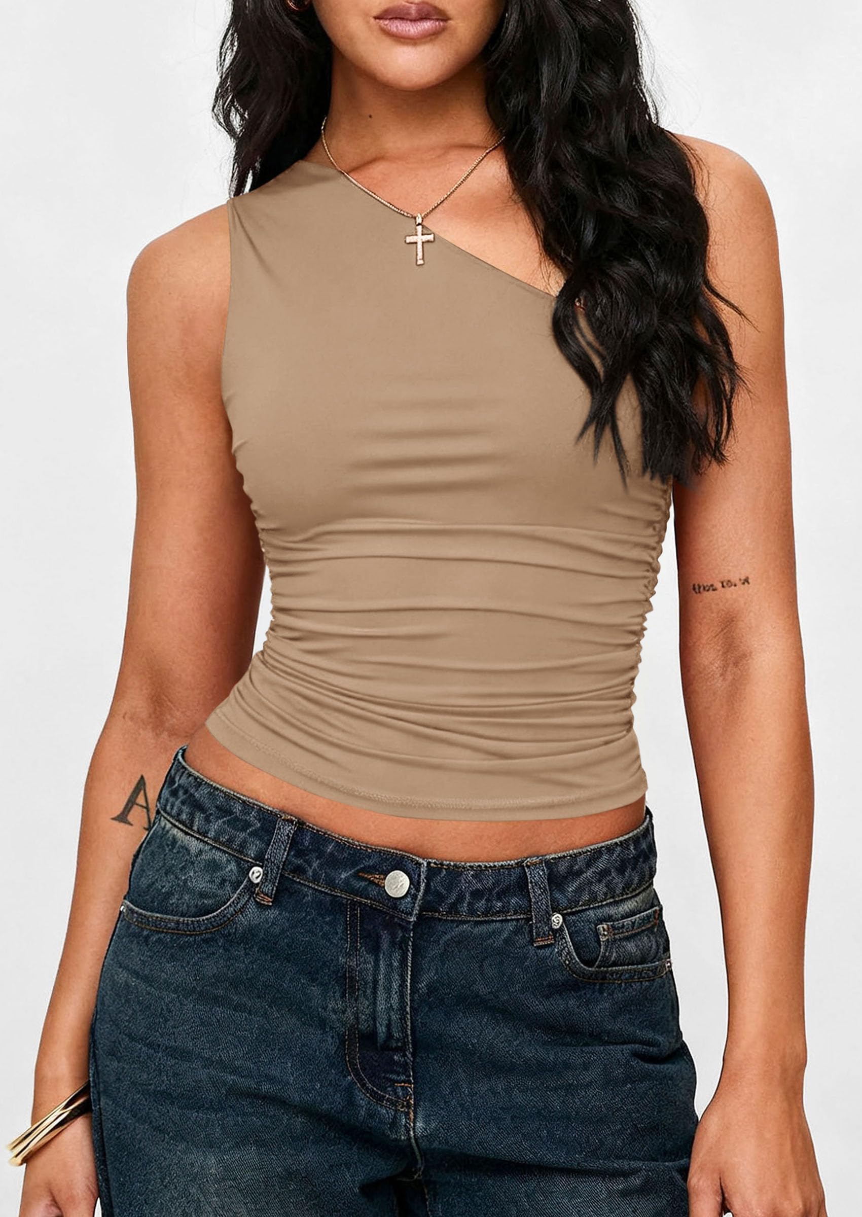 Womens Sleeveless One Shoulder Fitted Y2k Tops,Khaki,XS