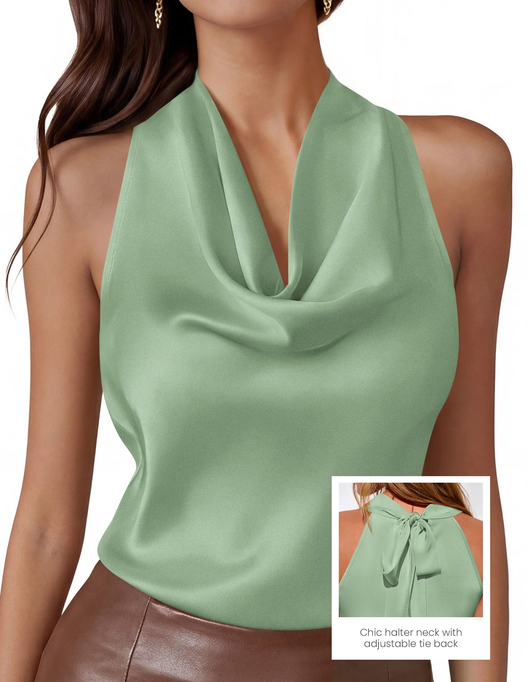 Satin Halter Tops for Women Dressy Casual Light Green,XS