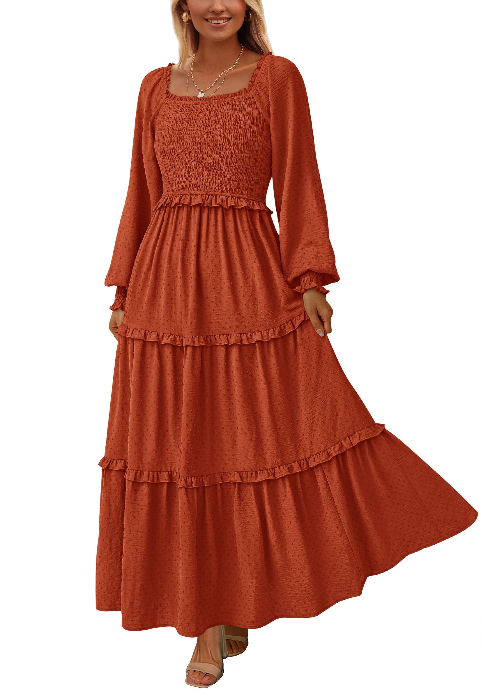 Women's Smocked Long Sleeve Maxi Dress Wedding Guest Dresses