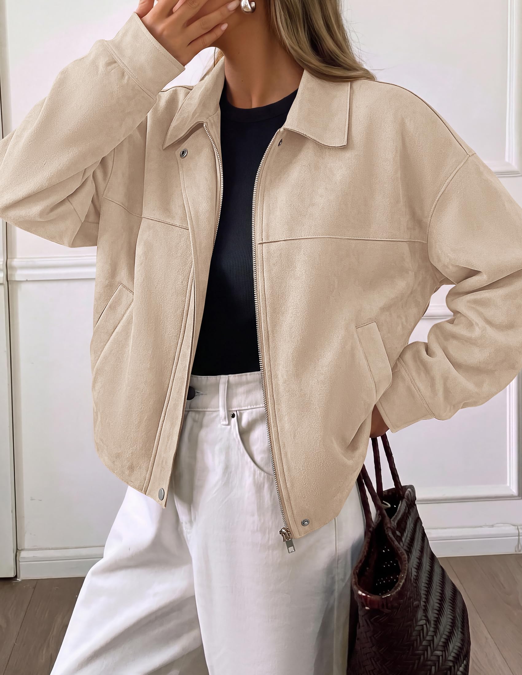 Women's Faux Suede Cropped Fall Jackets,Beige,S