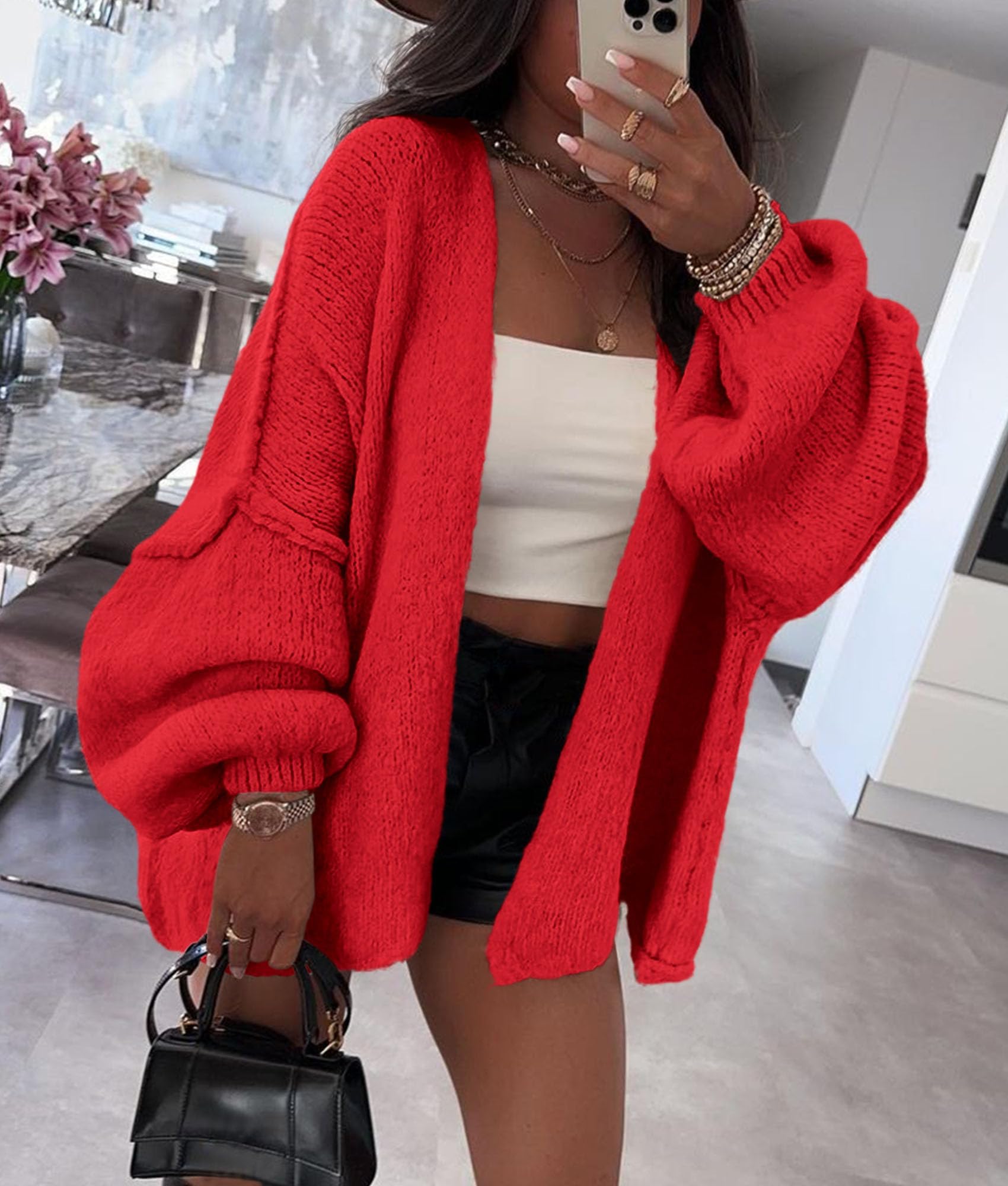Womens Open Front Oversized Cardigan Sweaters,Red,XS