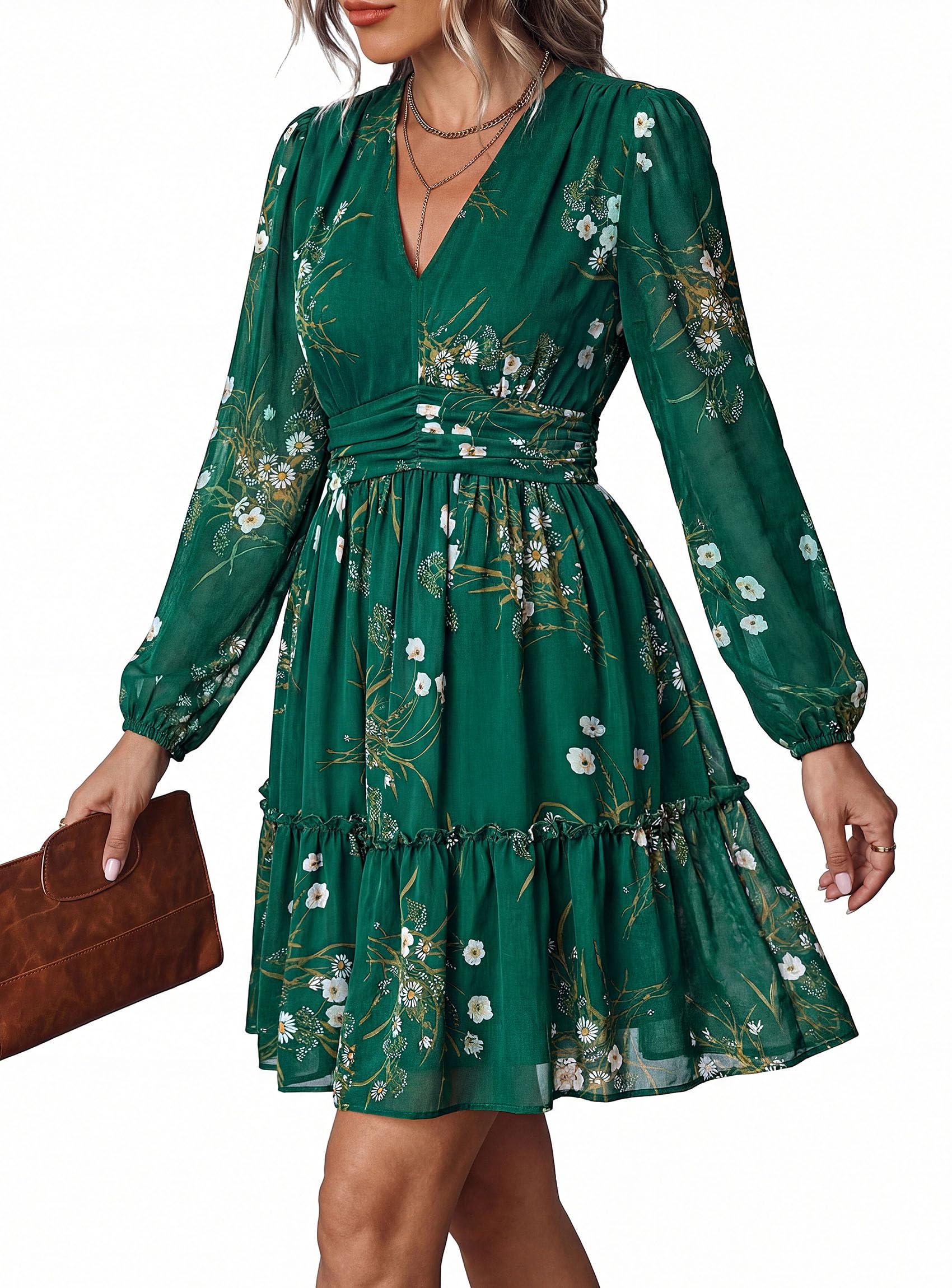 Women Floral Long Sleeve Mini Dress Fall Wedding Guest Dresses