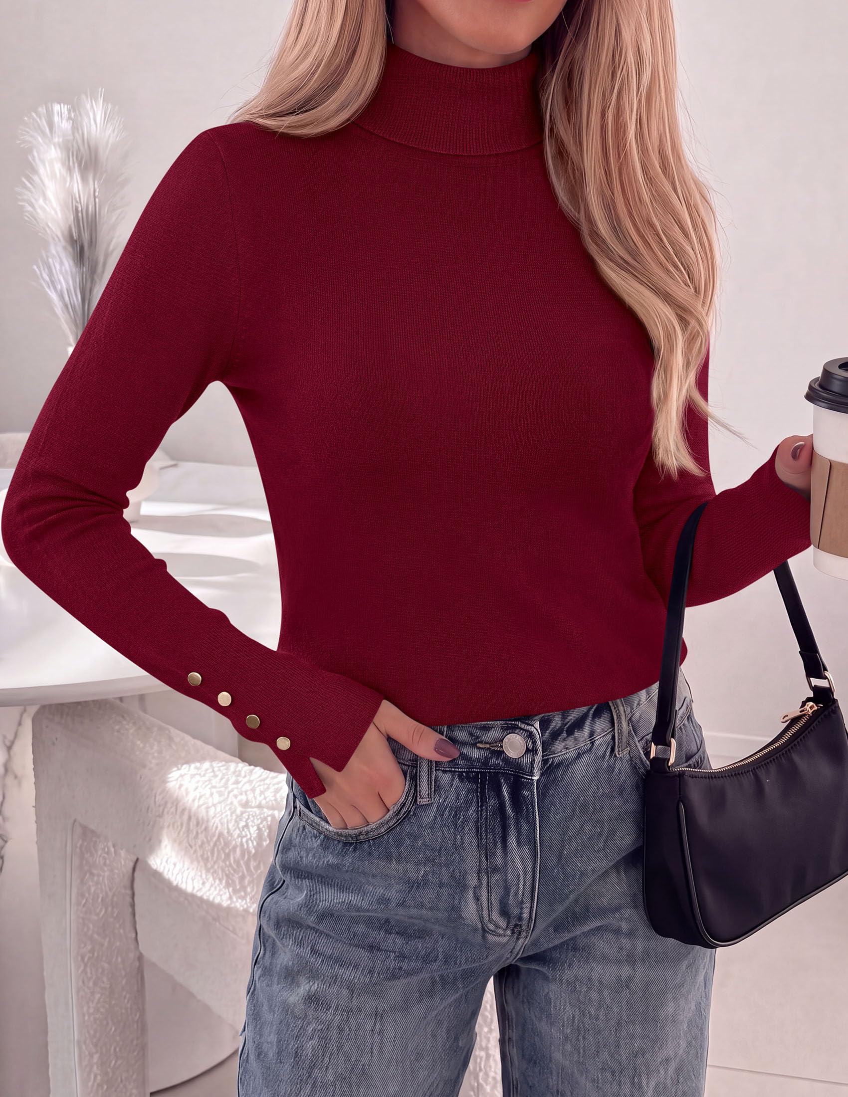Women Turtleneck Sweaters Fall Long Sleeve Tops,Burgundy,S
