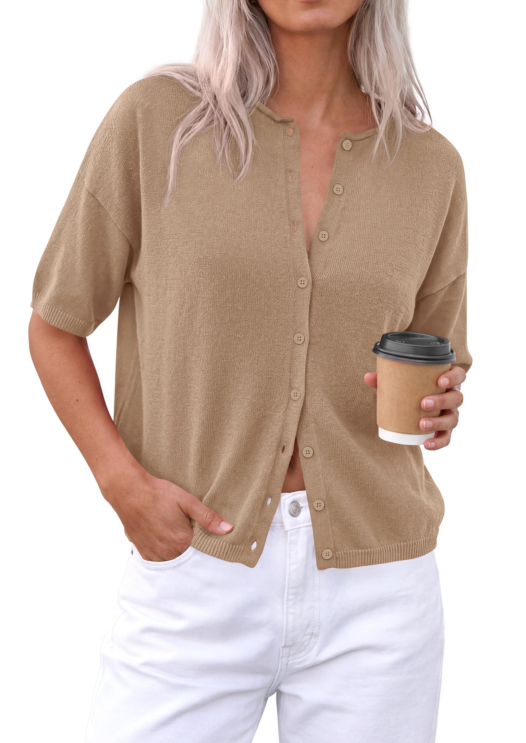 Women's Short Sleeve Cardigan Sweaters (Khaki,Small)