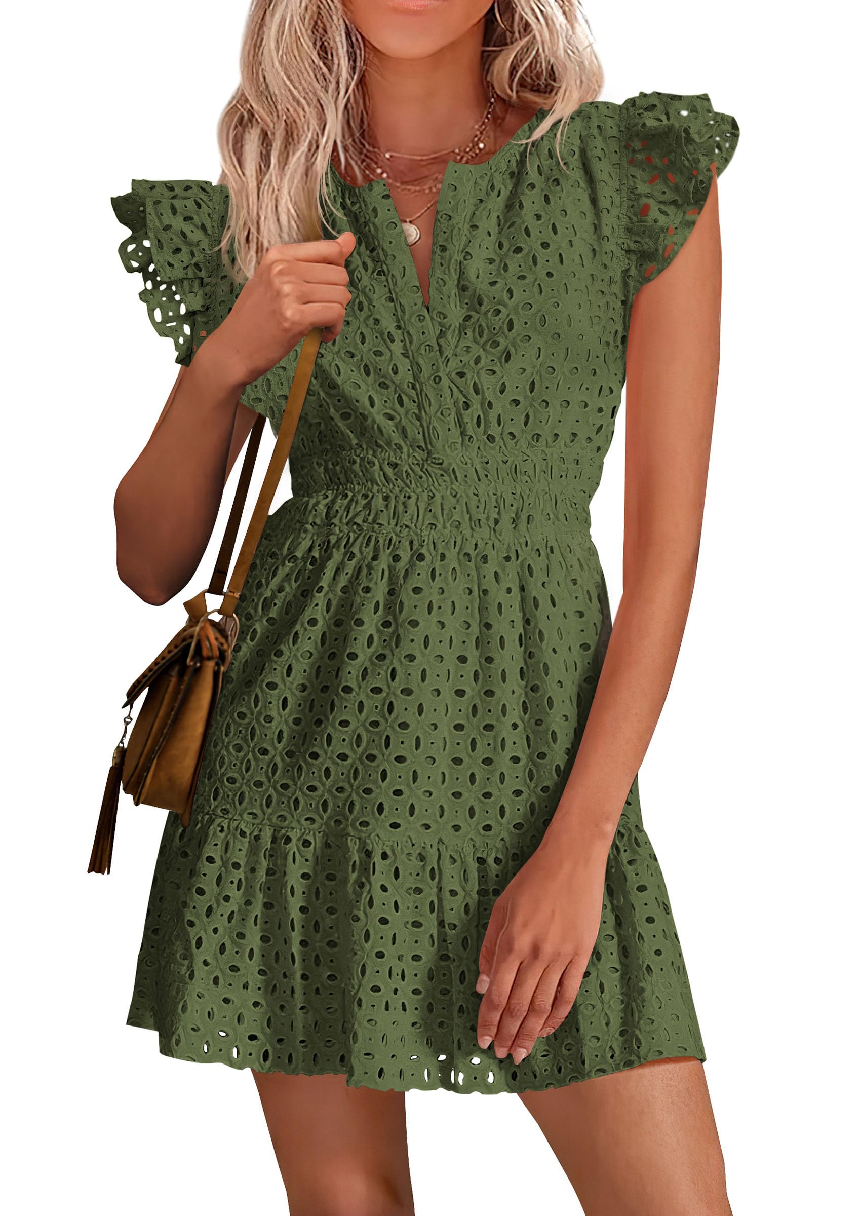 Women's Summer V Neck Eyelet Short Dress (Army Green,Small)