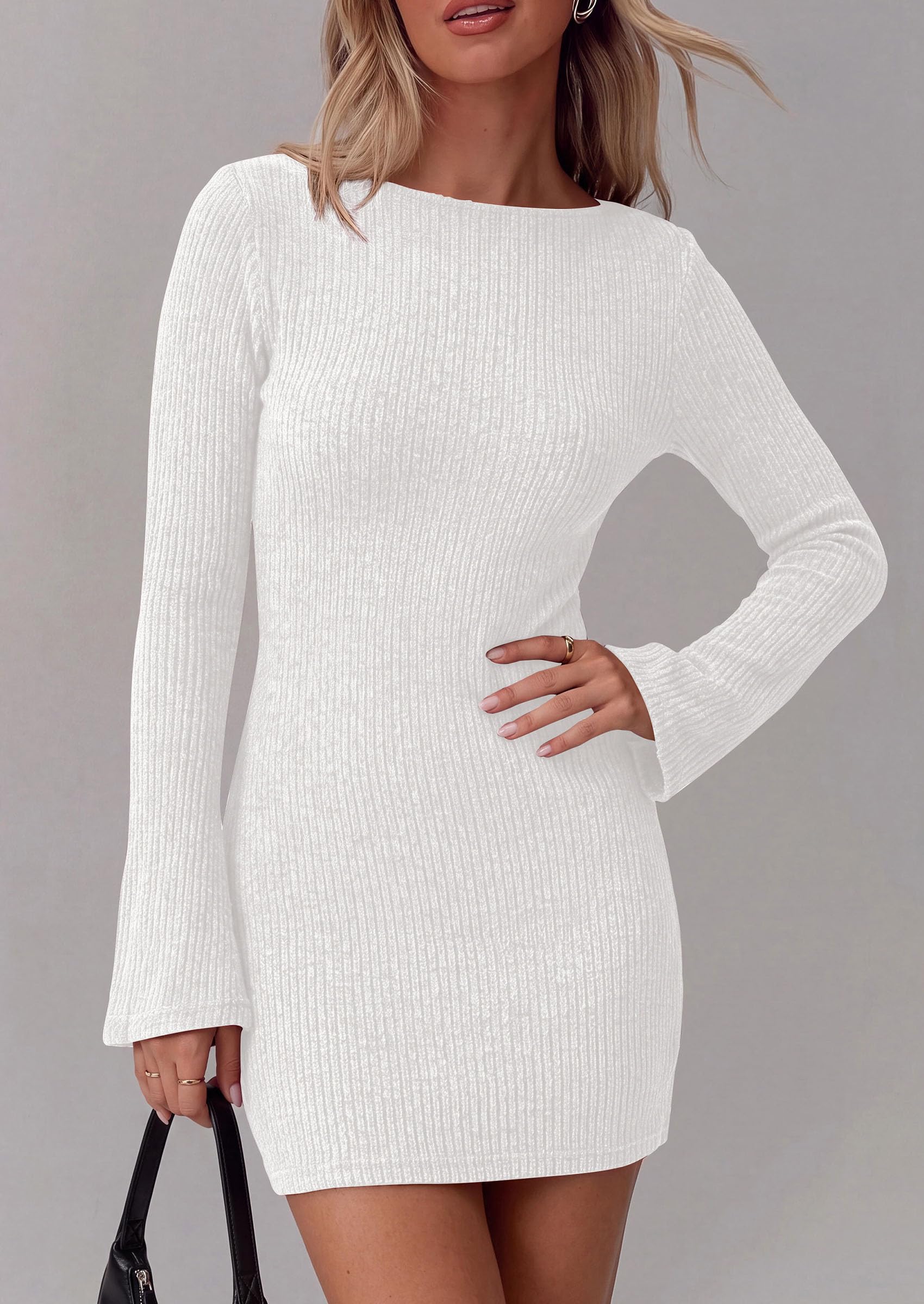 Womens Boat Neck Bell Long Sleeve Mini Sweater Dress White