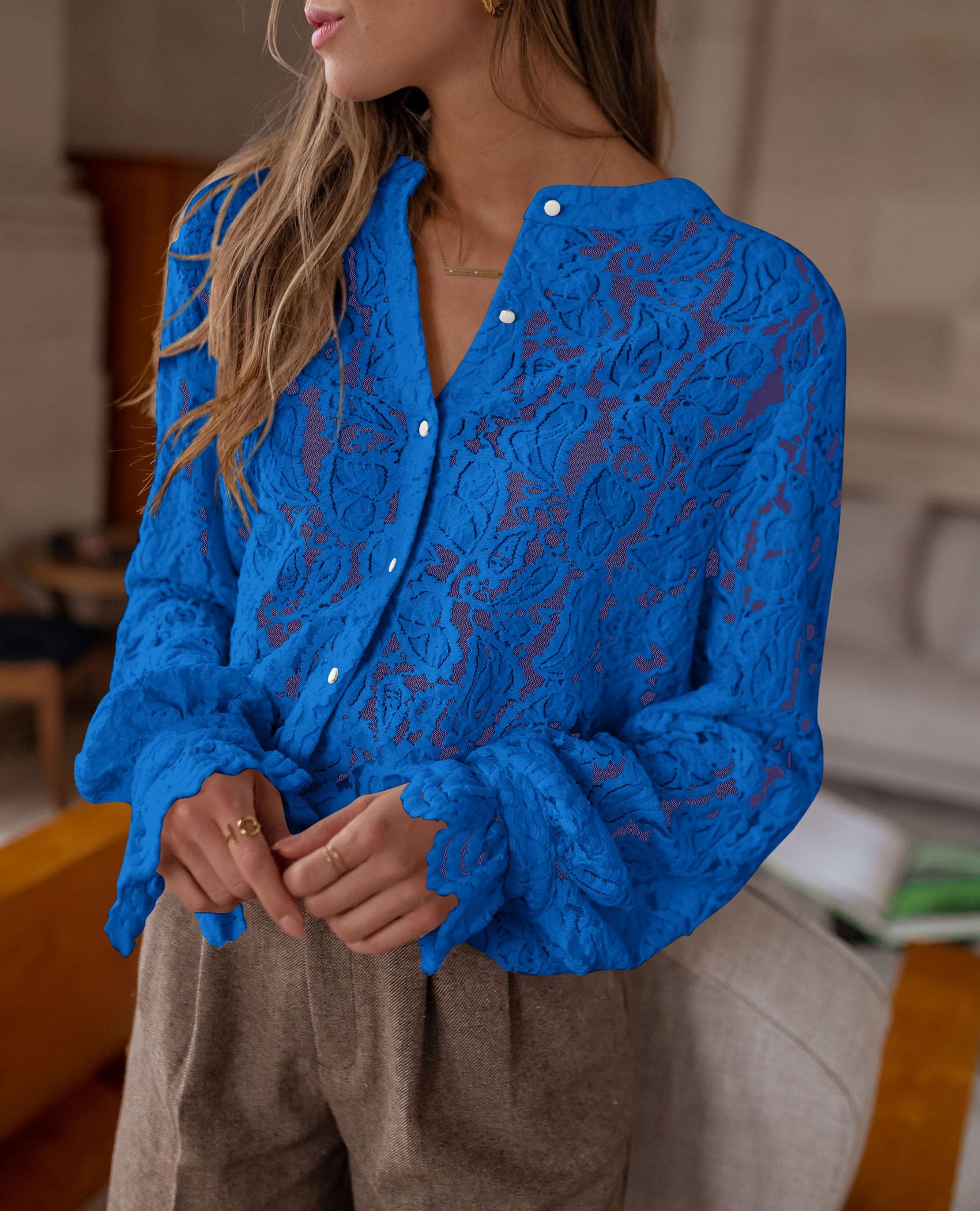 Women's Fall Trendy Long Sleeve Lace Tops(Blue,Small)