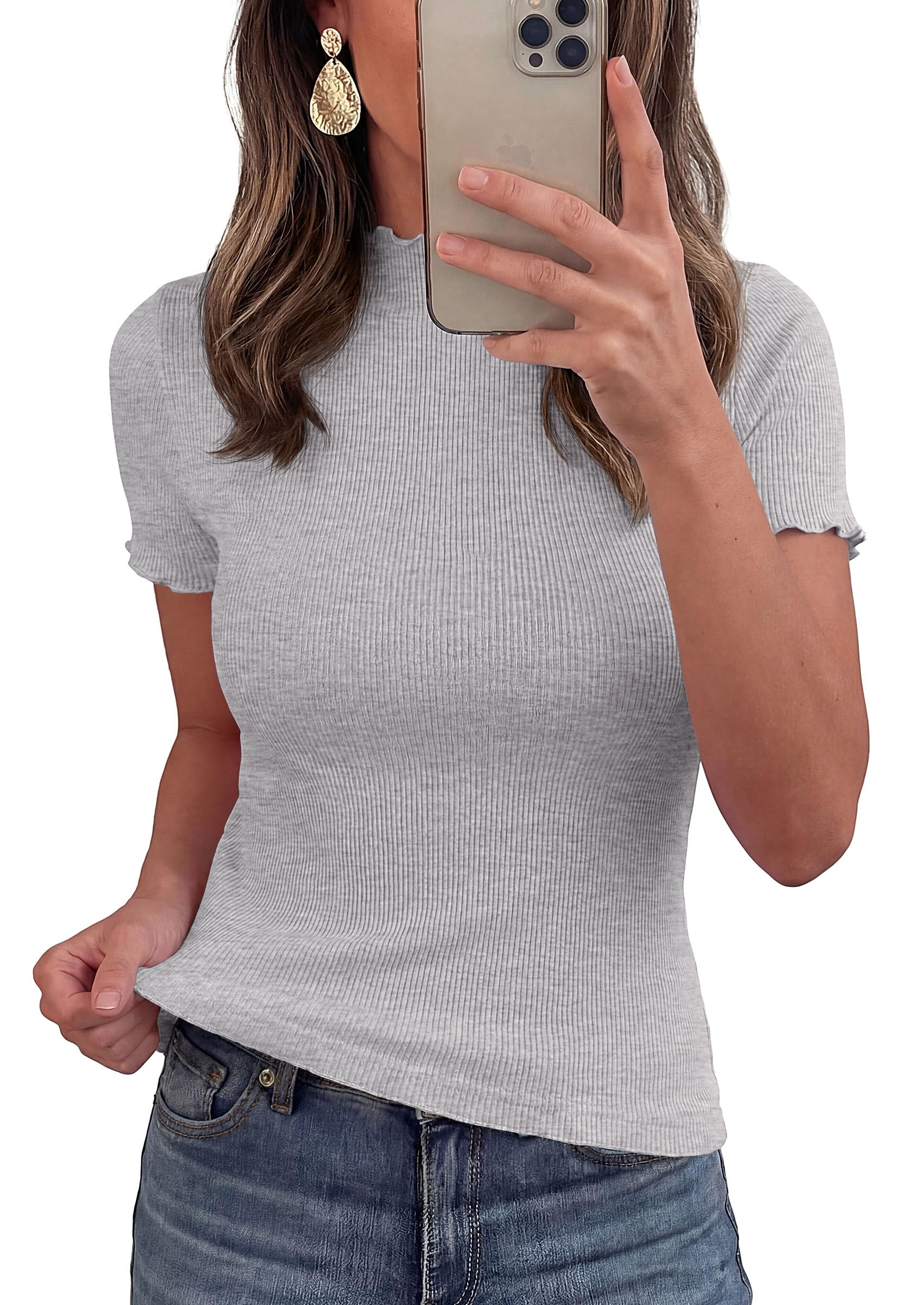 Women's Short Sleeve Ribbed Knit T Shirts, Grey,S