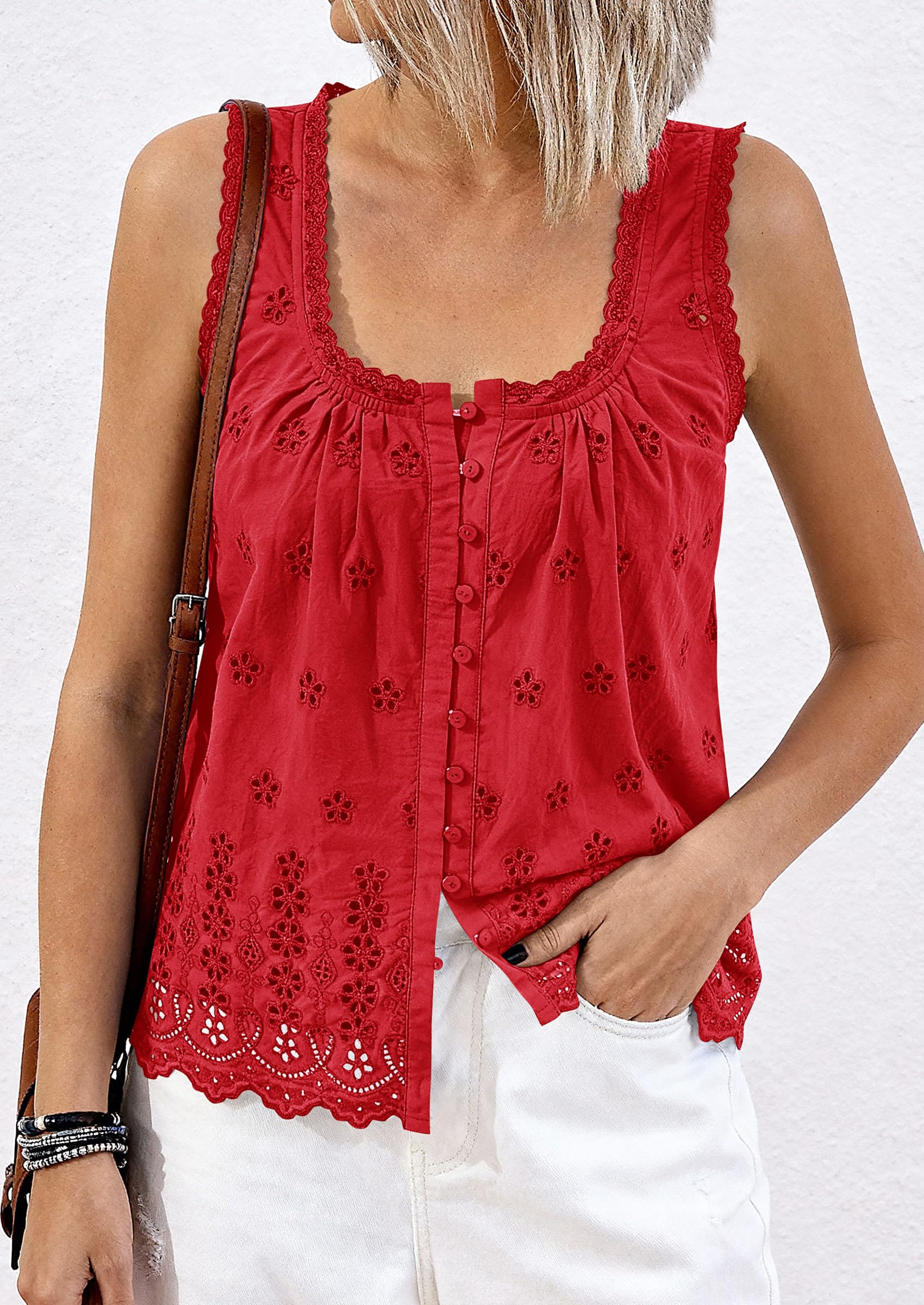 Women's Lace Tank Top Embroidery Eyelet Blouses,Red,S