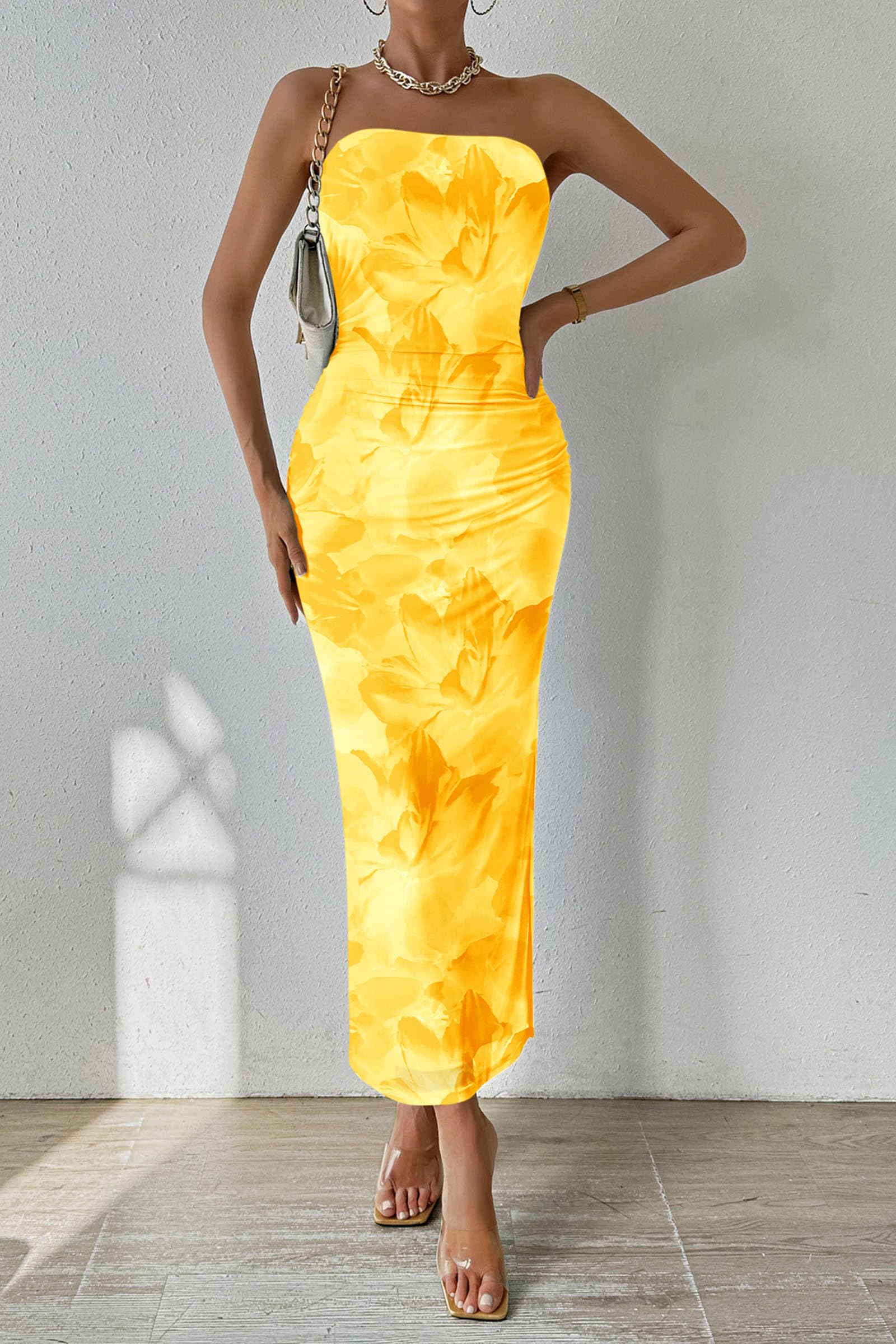 Women's Strapless Bodycon Floral Maxi Dress, Floral Yellow,S