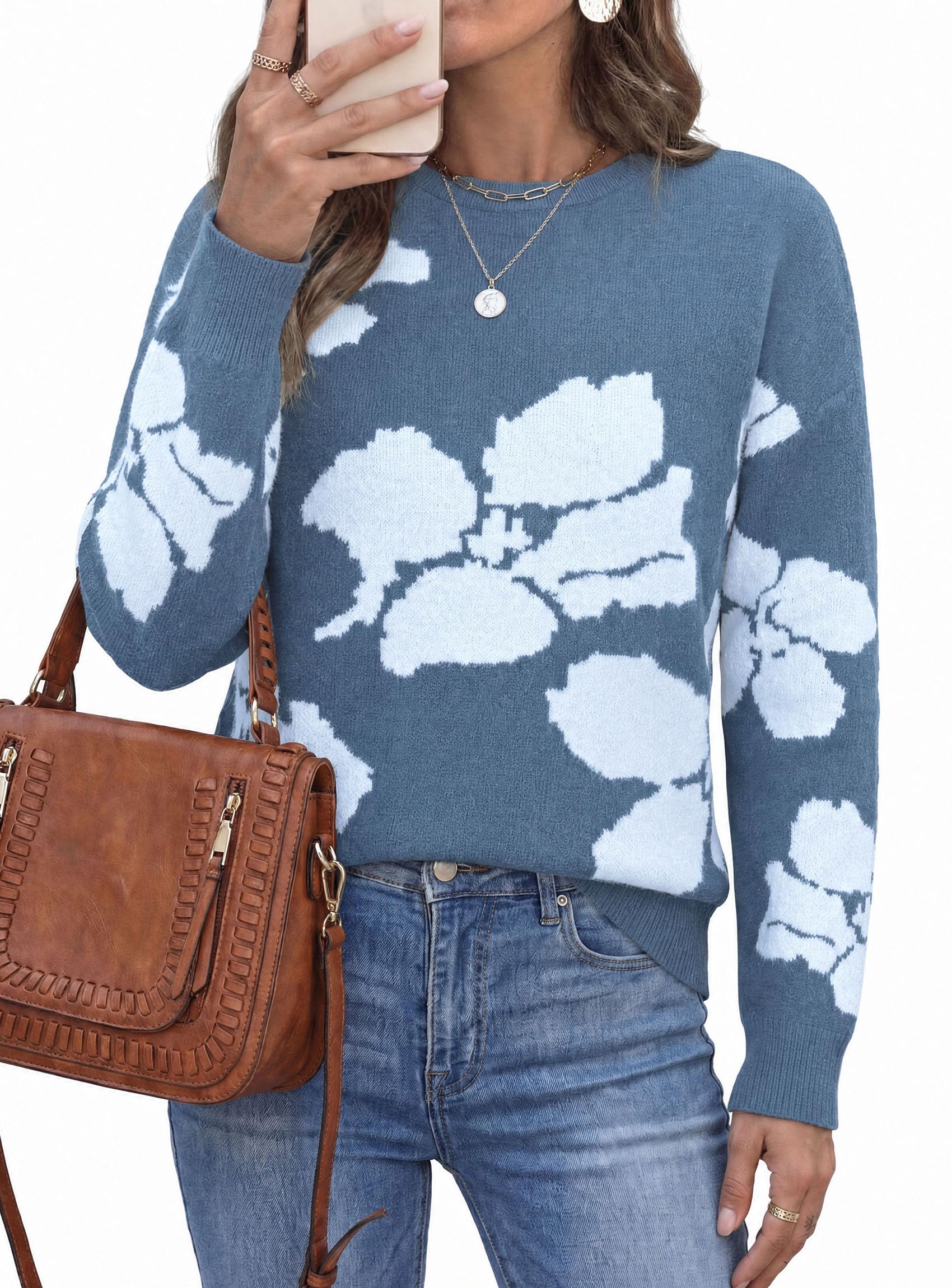 Womens Floral Sweater Crewneck Printed Pullover Tops Grey Blue