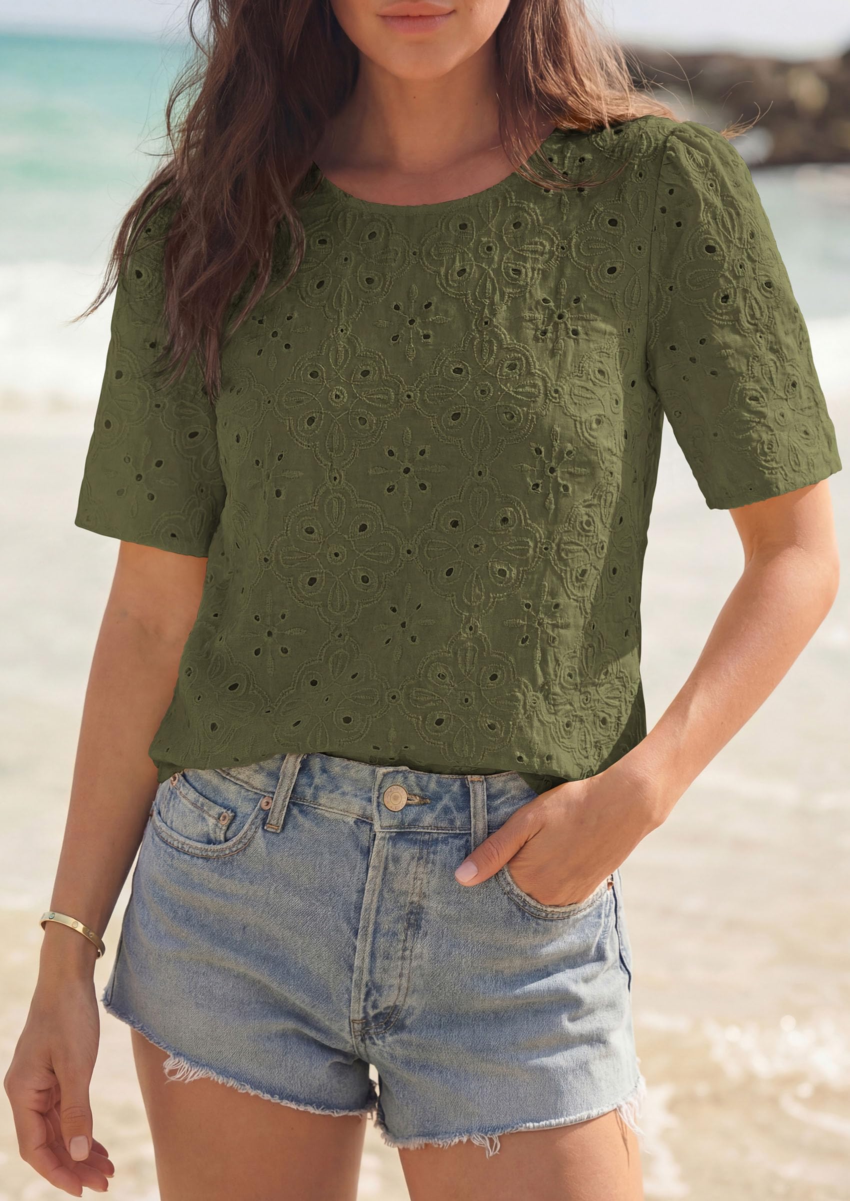 Women's Embroidered Eyelet Short Sleeve Blouse, Army Green,XS