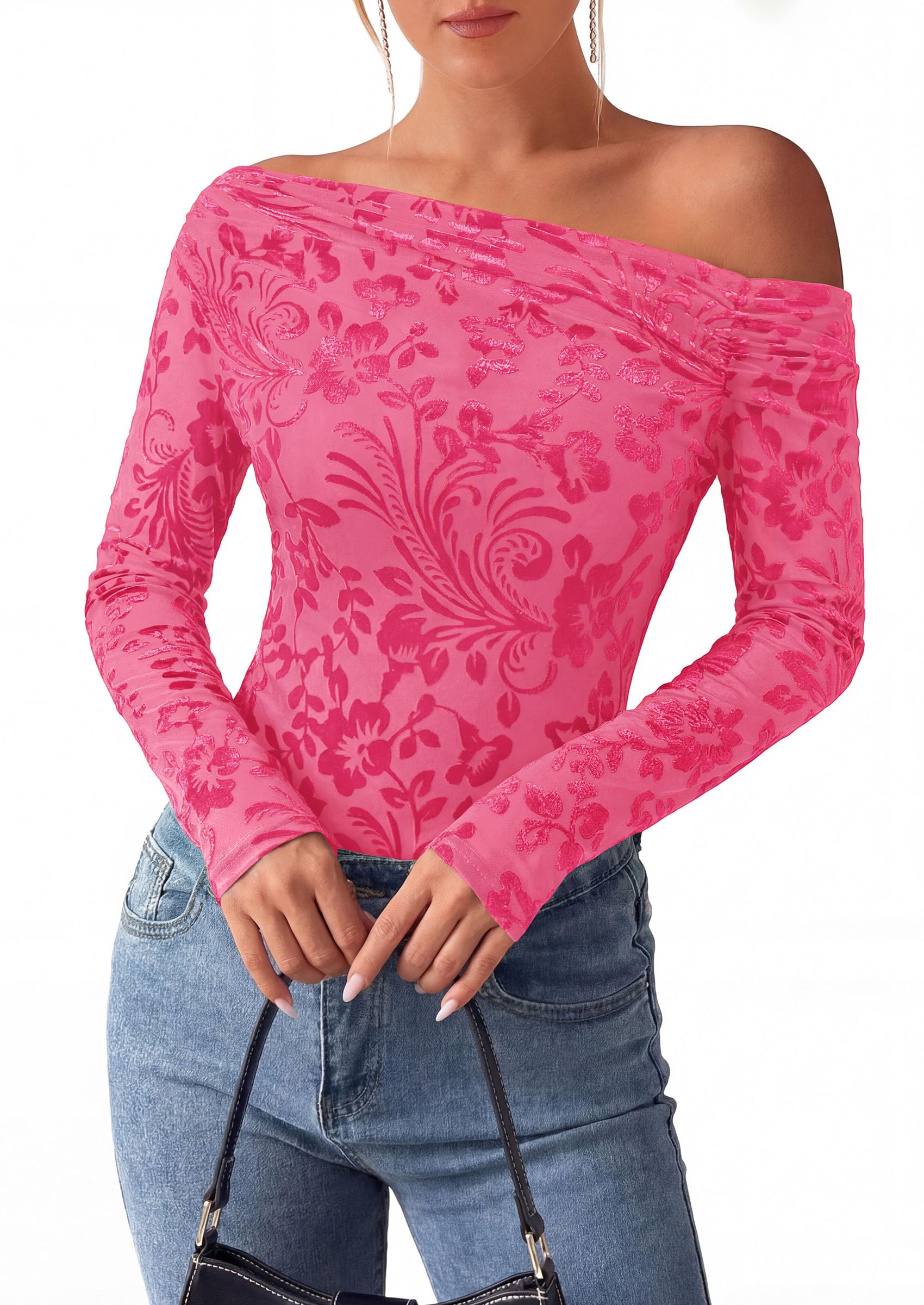 Off the Shoulder Tops for Women Fall Mesh Floral Blouses