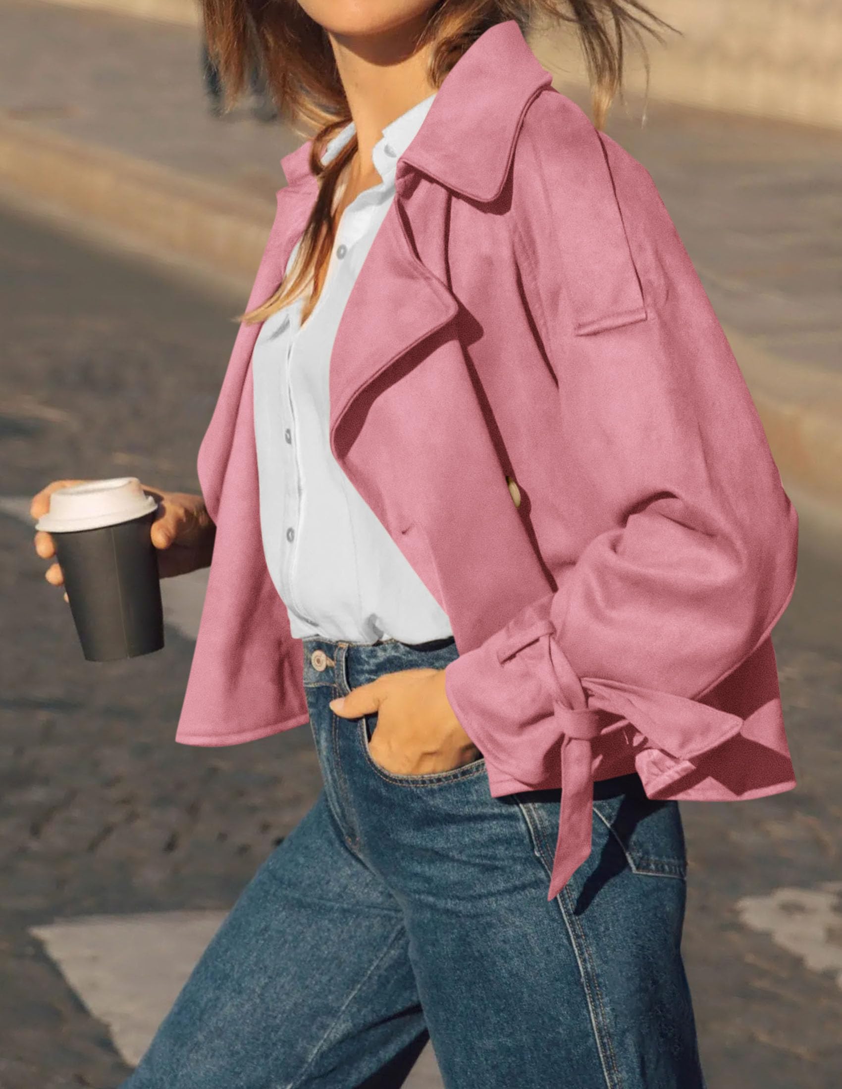 Women Faux Suede Double Breasted Trench Coat Cropped Jackets