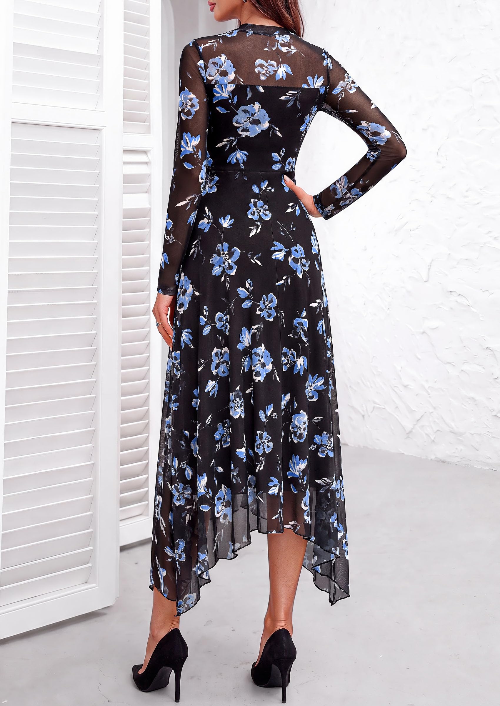 Women's Floral Mesh Midi Dress,Floral Black Blue,S
