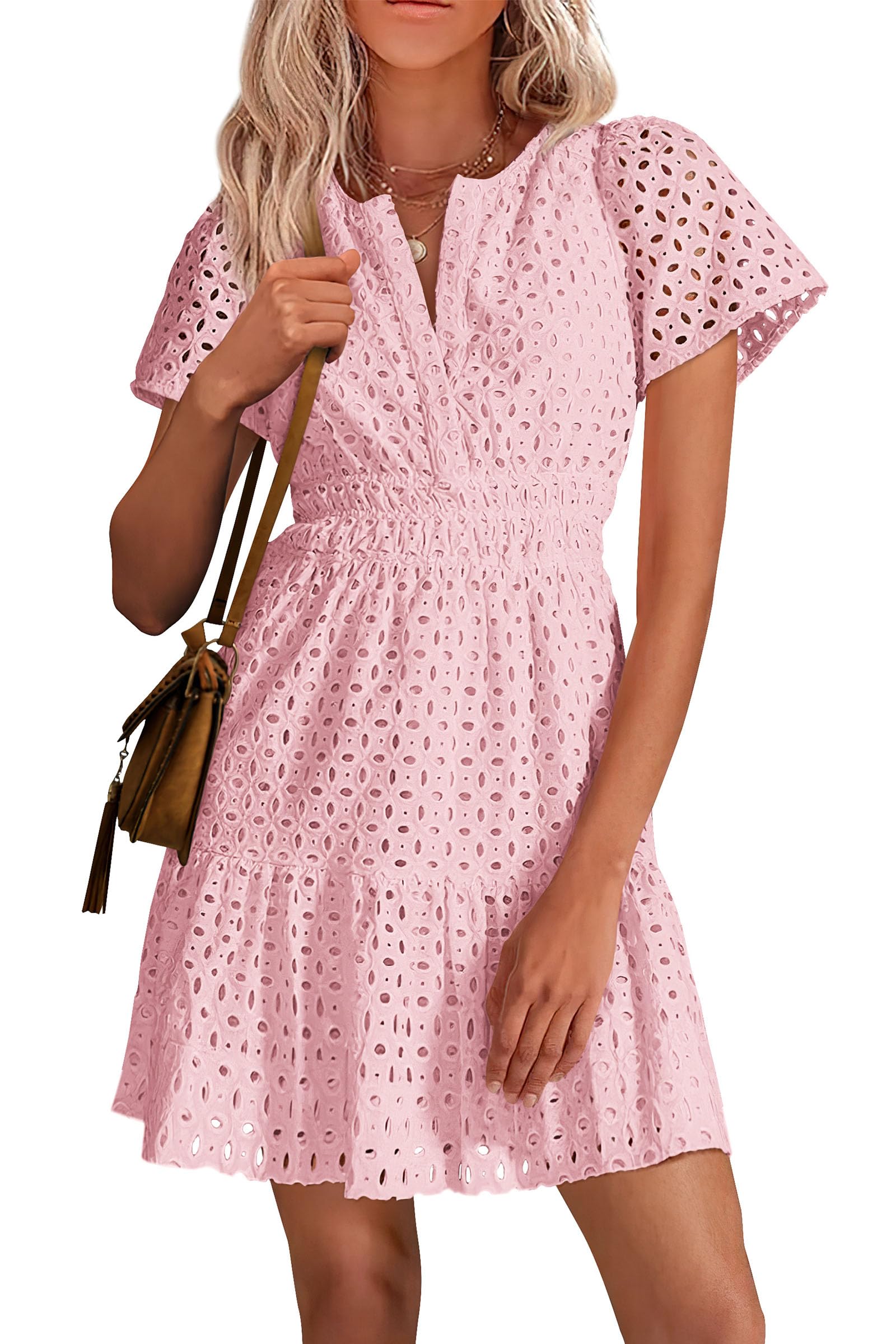 Womens 2025 Summer Short Dress V Neck Short Sleeve A Line Hollow Out Lace Ruffle Cute Casual Beach Party Dresses (Pink,Small)