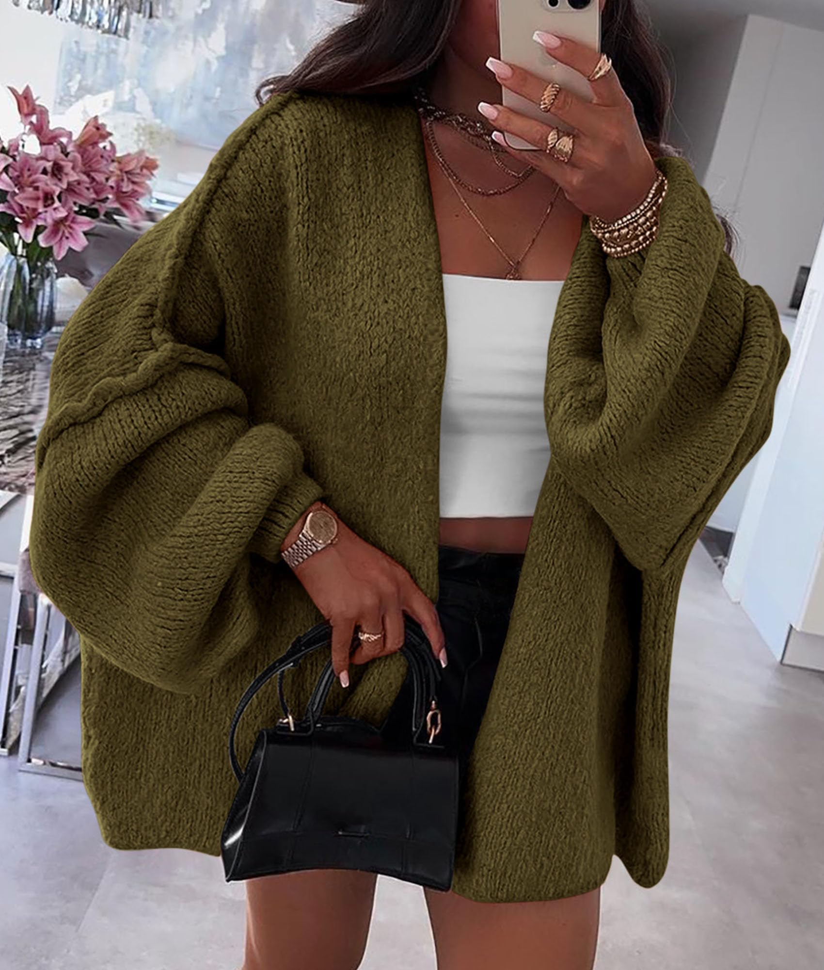 Womens Open Front Oversized Cardigan Sweaters,Army Green,XS