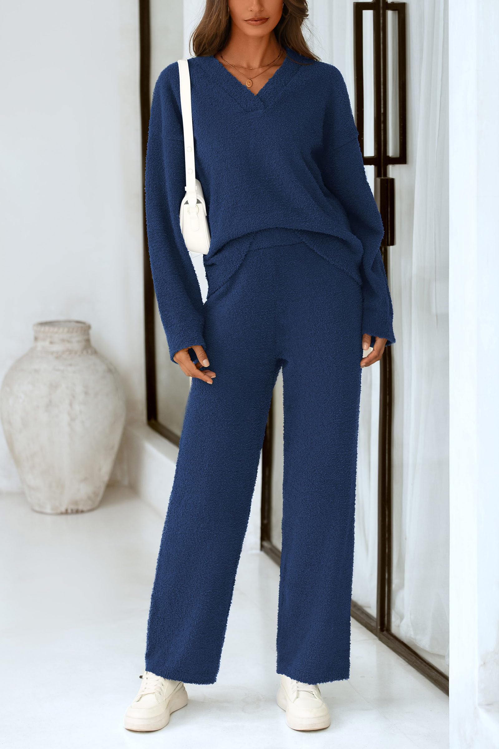 Lounge Sets for Women Fall 2 Piece Fuzzy Sweater Pajama Set