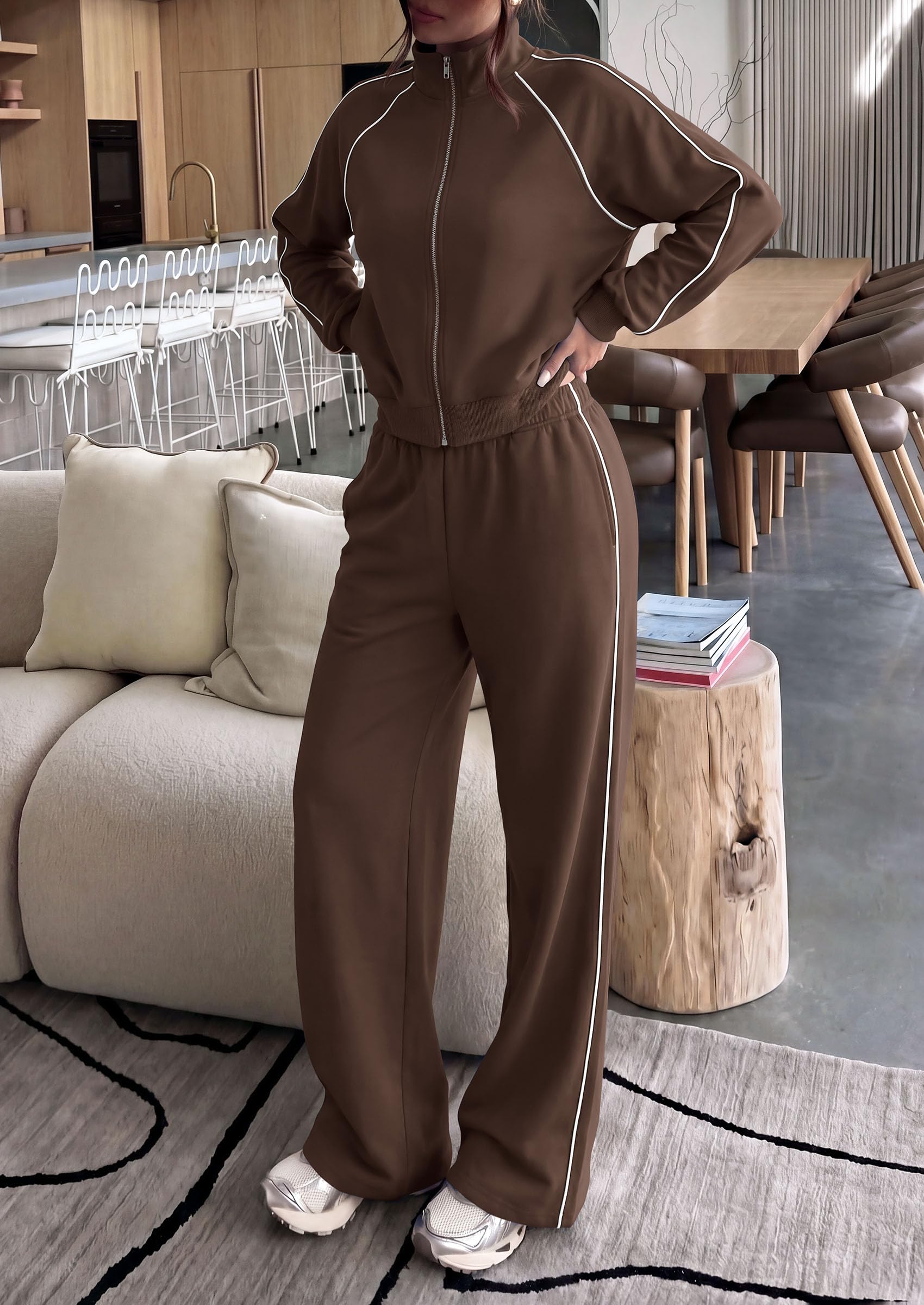 Women's 2 Piece Sweat Set Casual Fall Outfits,Brown,S