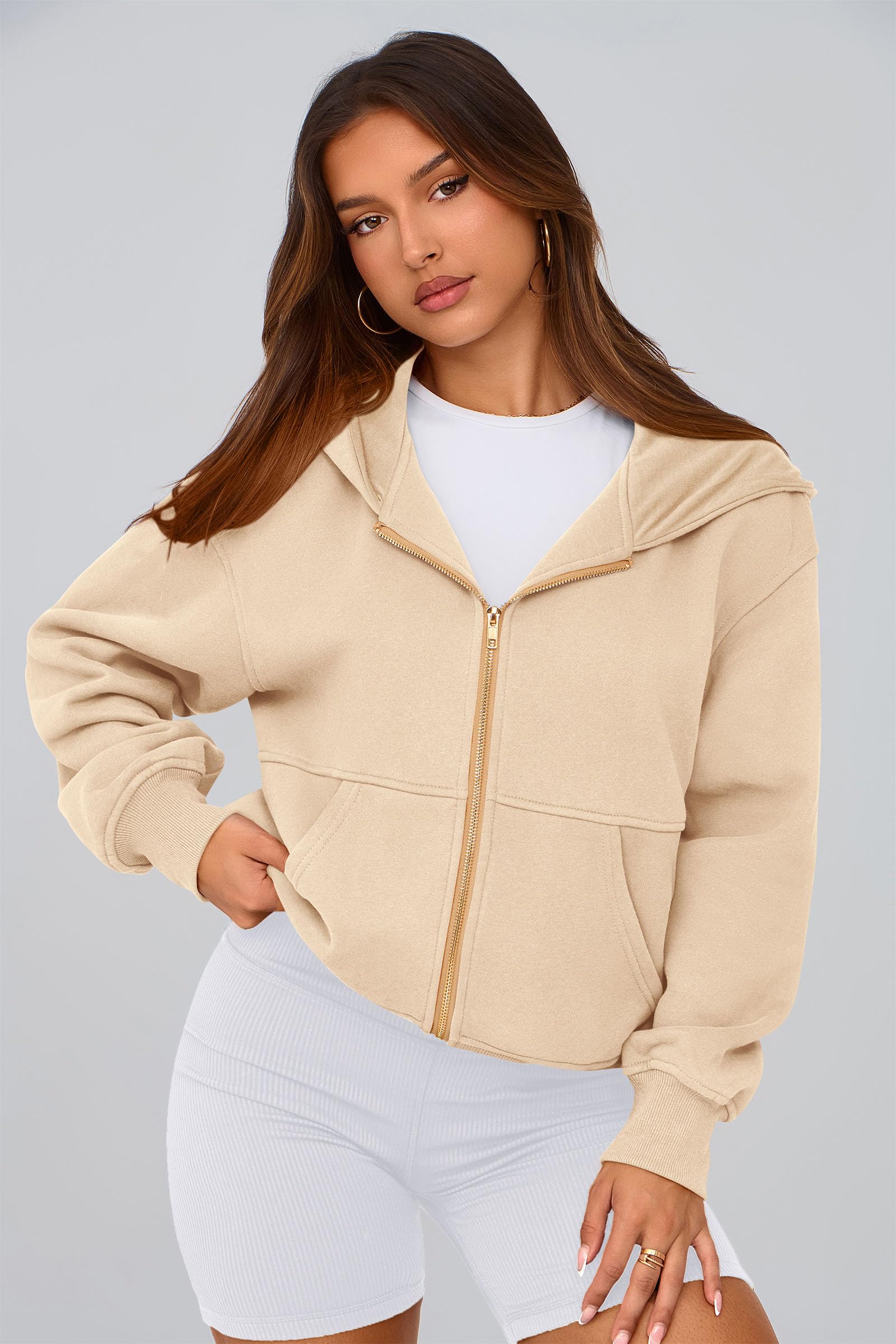 Hoodies for Women Fall Fashion Zip Up Fleece Plain Sweatshirt