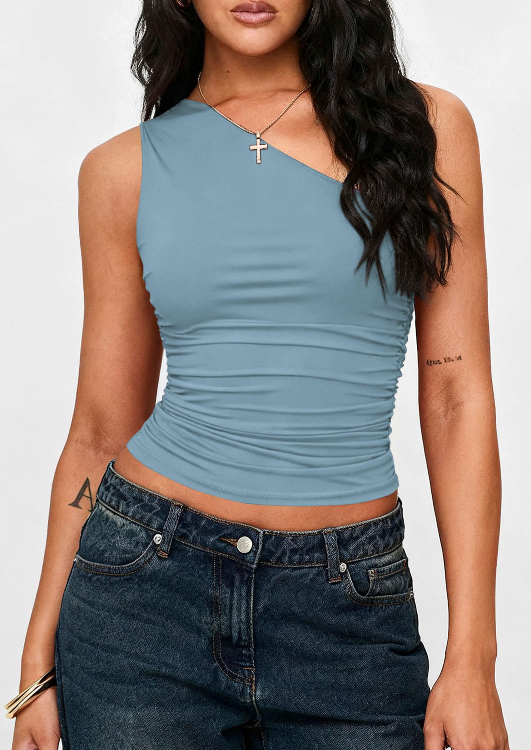 Womens Sleeveless One Shoulder Fitted Y2k Tops Light Grey Blue