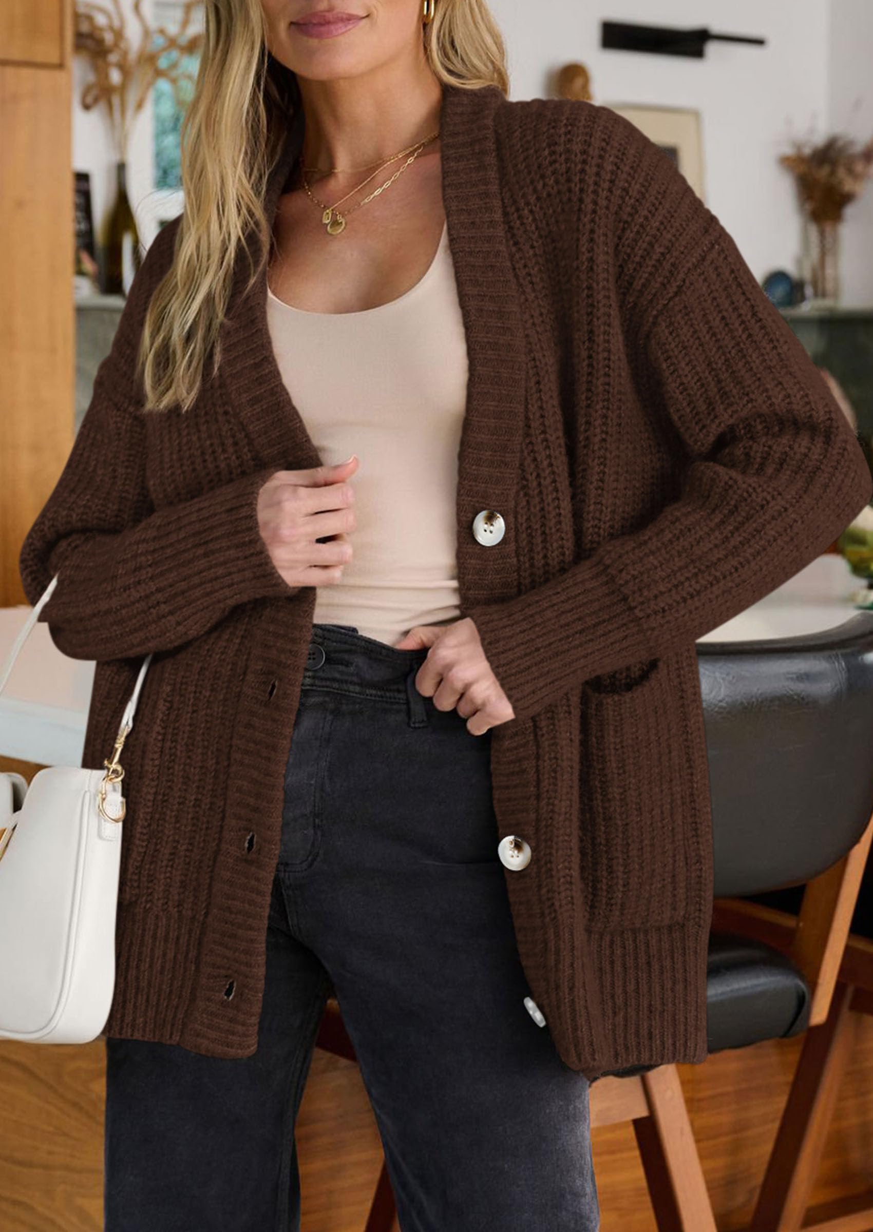 Oversized Cardigan Sweaters for Women Button Up,Brown,S