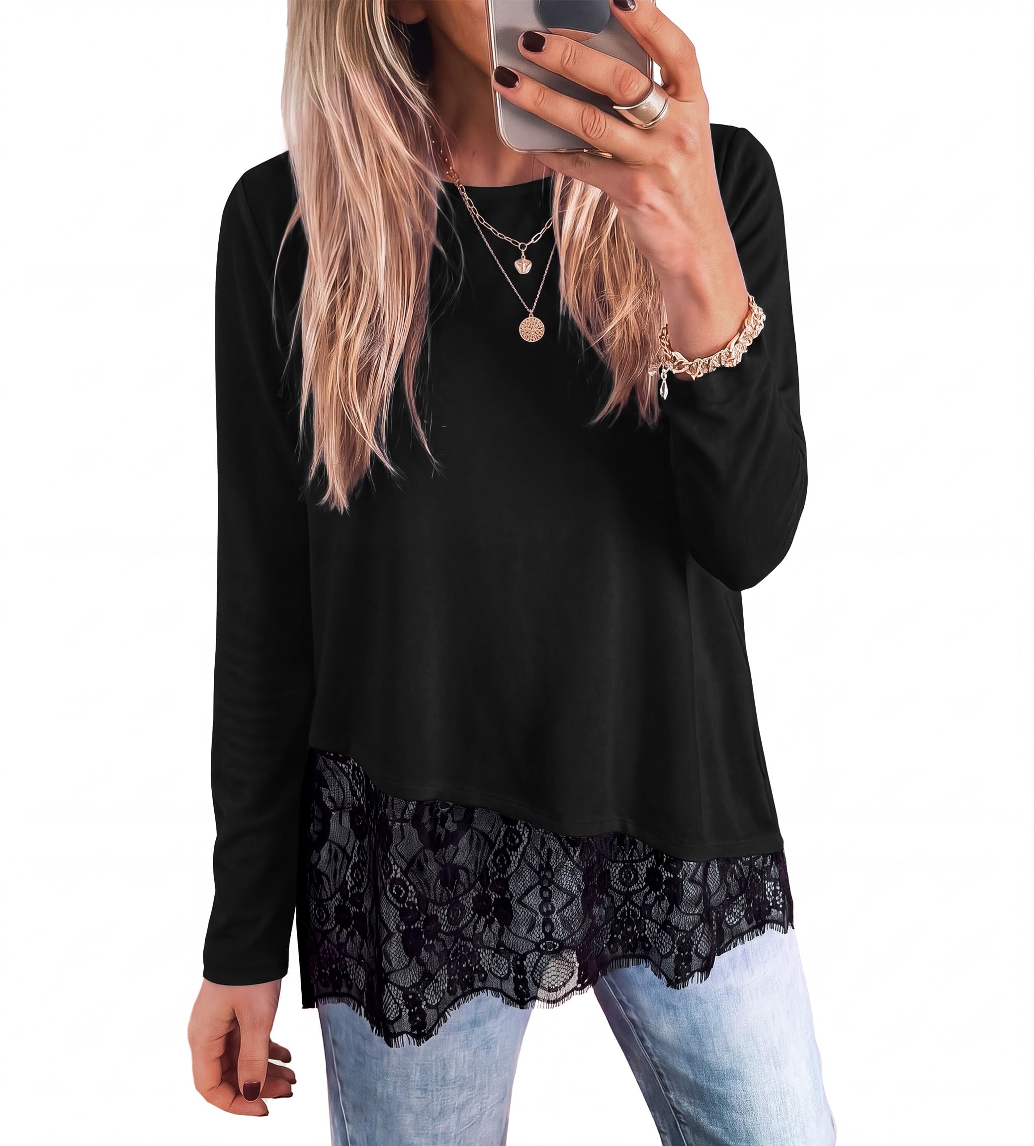 Women's Lace Patchwork Long Sleeve Shirts,Black,S