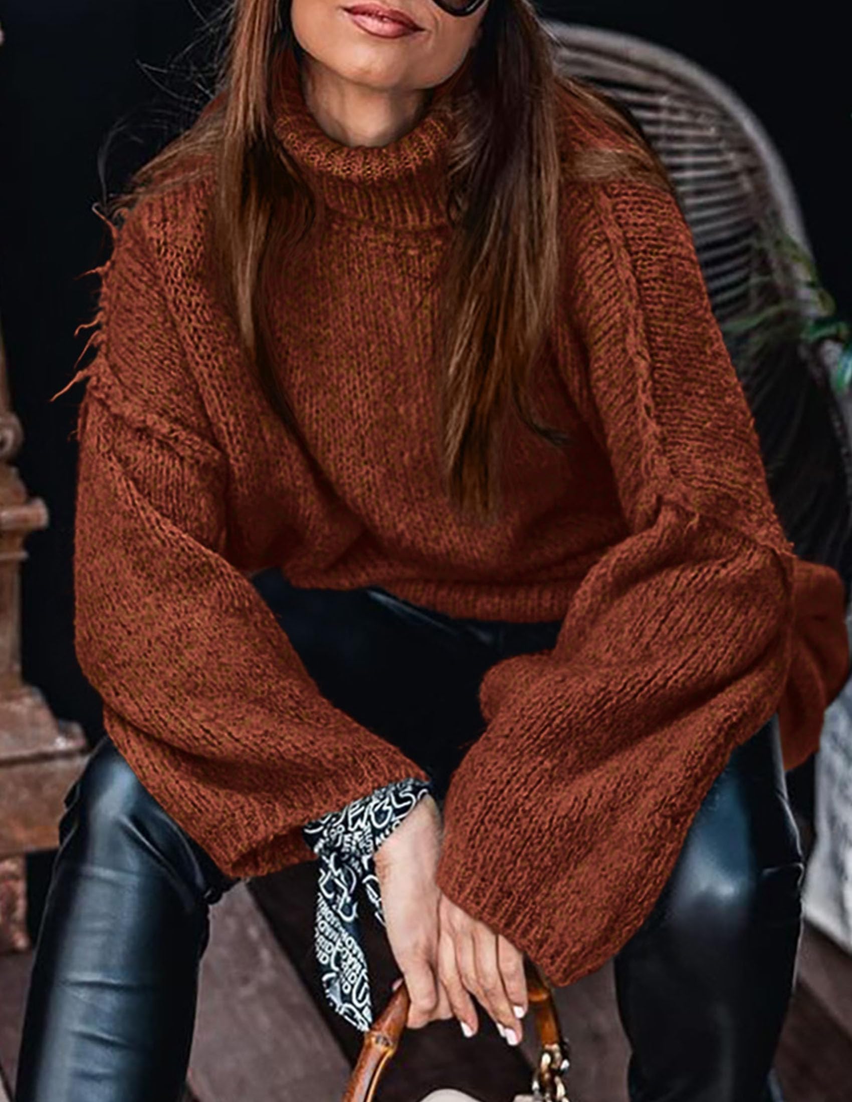 Womens Turtleneck Long Sleeve Oversized Sweaters,Brick Red,S