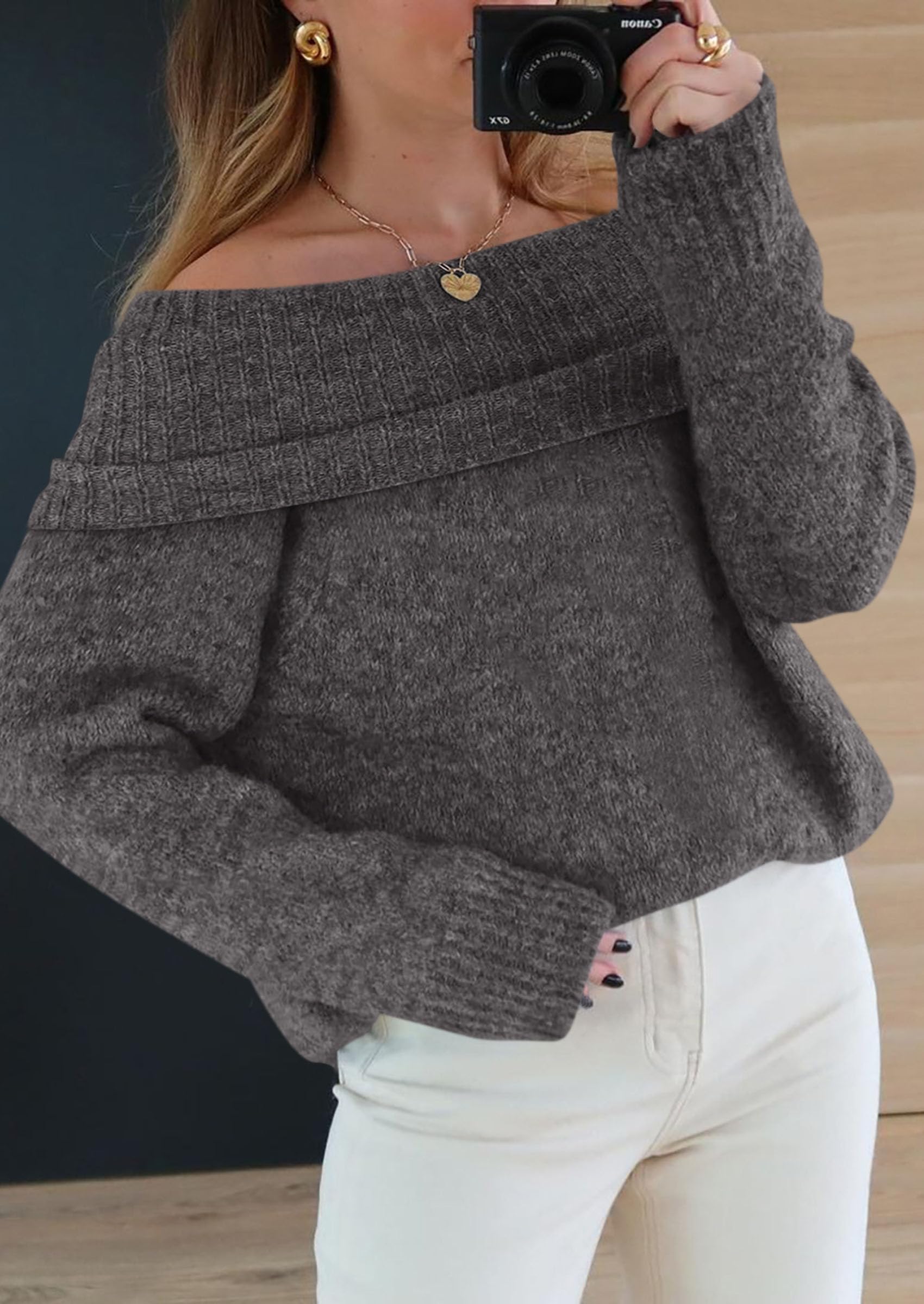 Women's Fall Off The Shoulder Sweater,Dark Grey,S