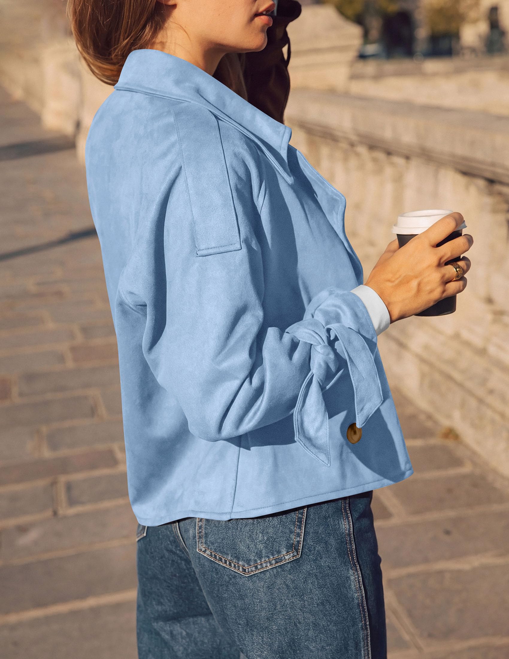Women Faux Suede Double Breasted Trench Coat Cropped Jackets