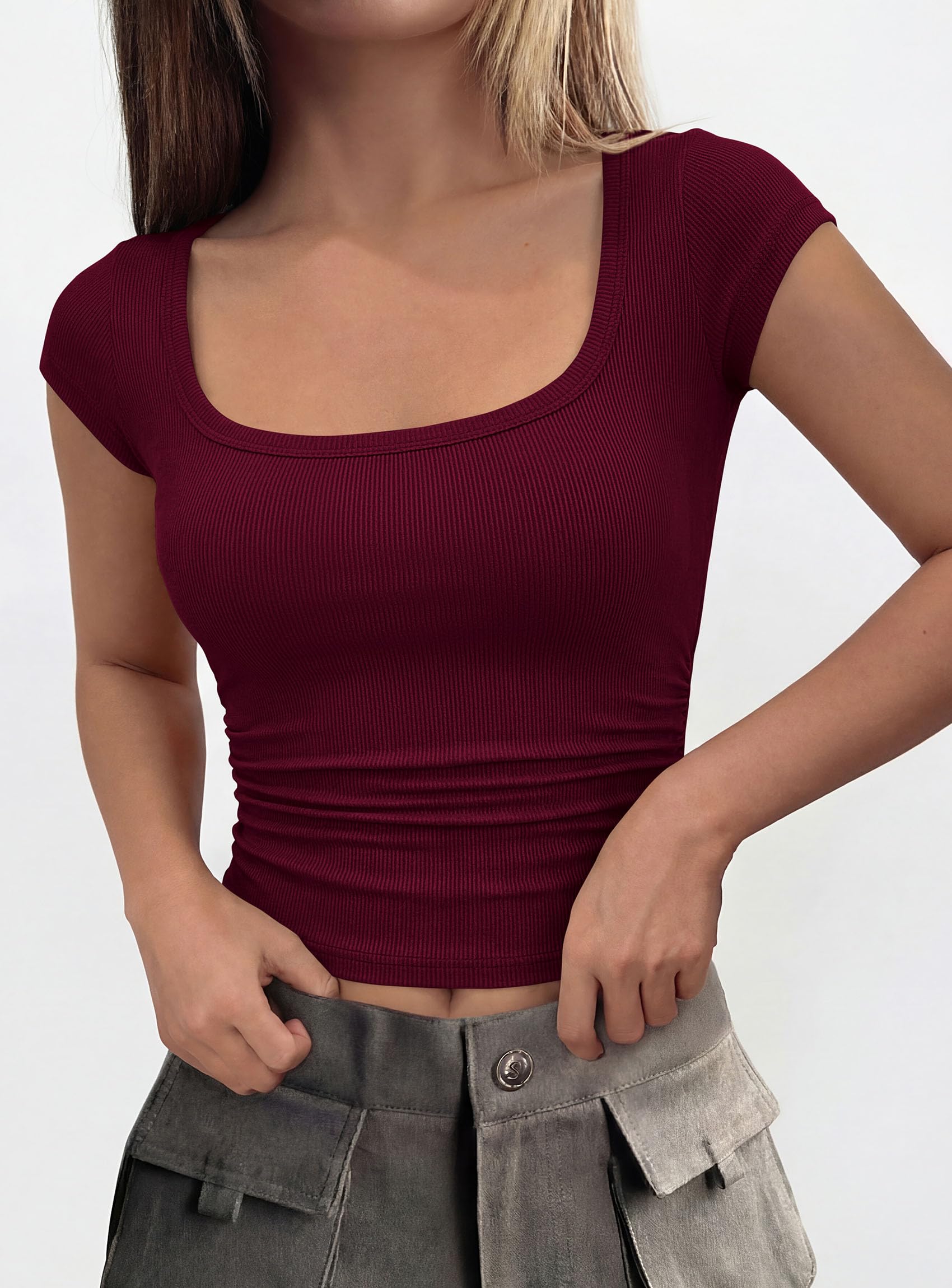 Short Sleeve Tops for Women Slim Fit T Shirts,Wine Red,XS