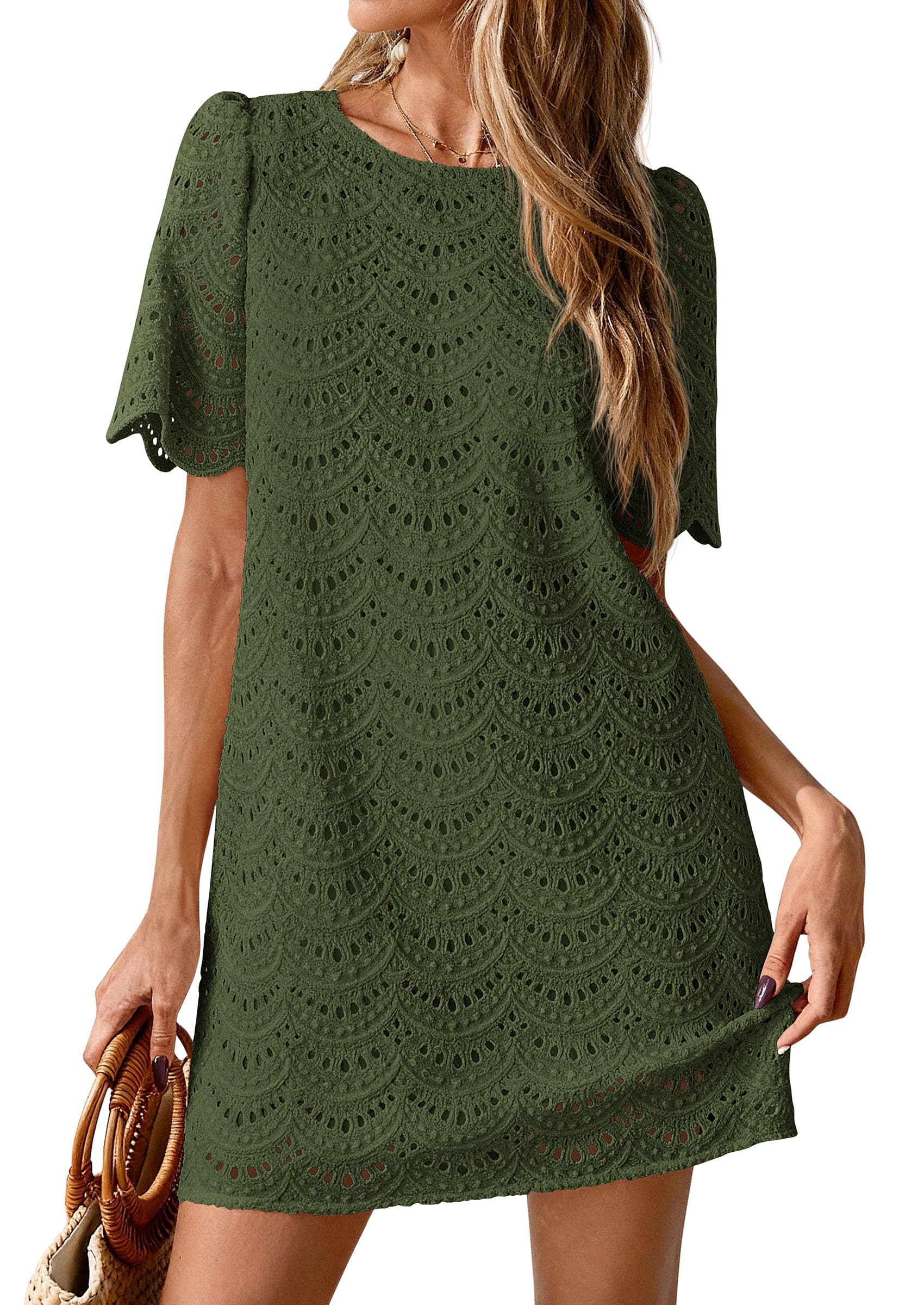 Women's Summer Eyelet Lace Short Dress (Army Green,S)