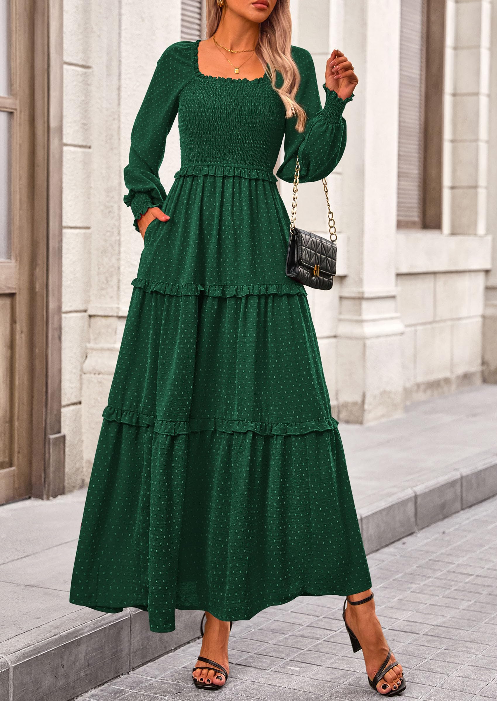 Women's Smocked Long Sleeve Maxi Dress Wedding Guest Dresses