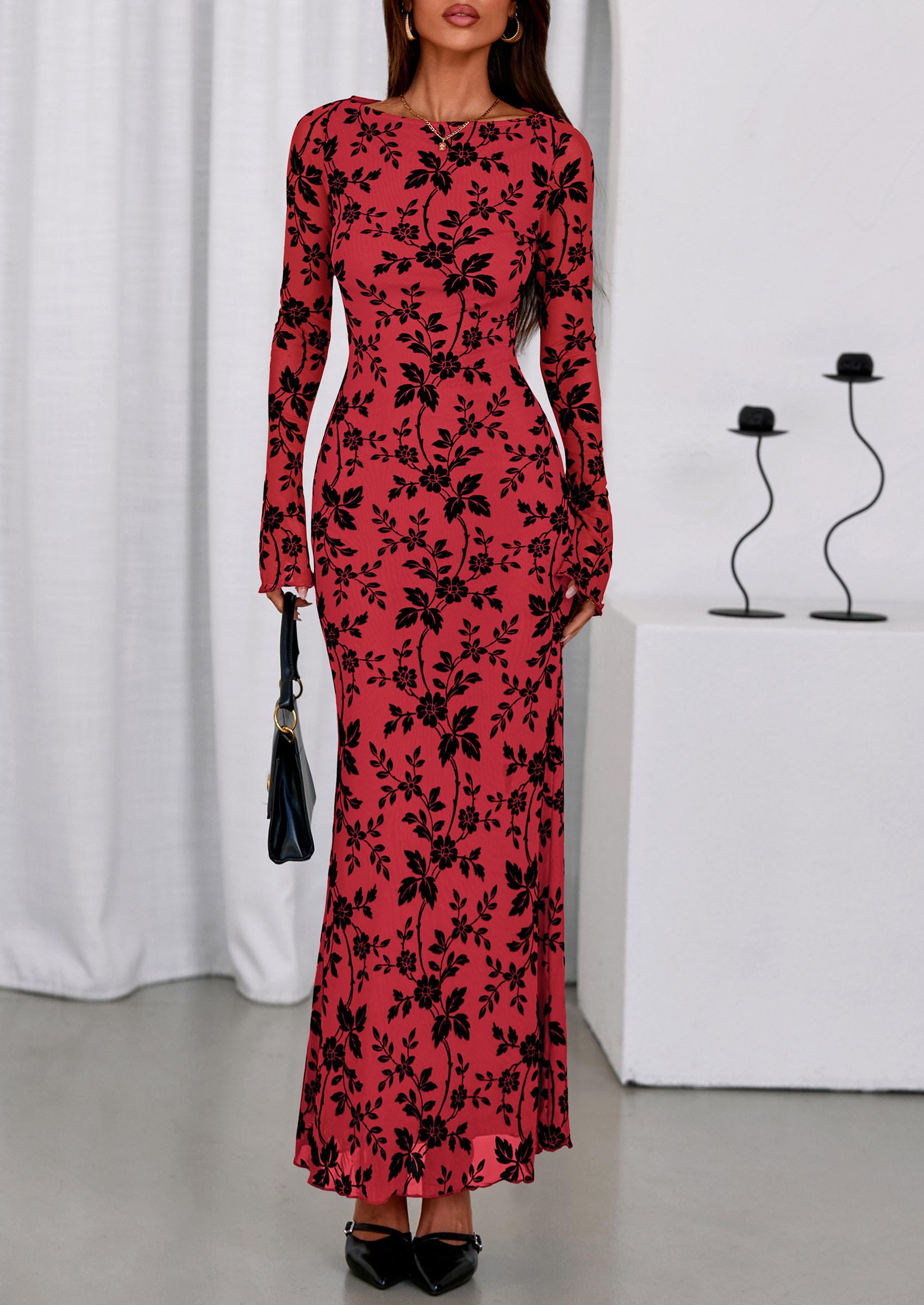 Women's Floral Bodycon Maxi Dress Wedding Guest Dresses Red