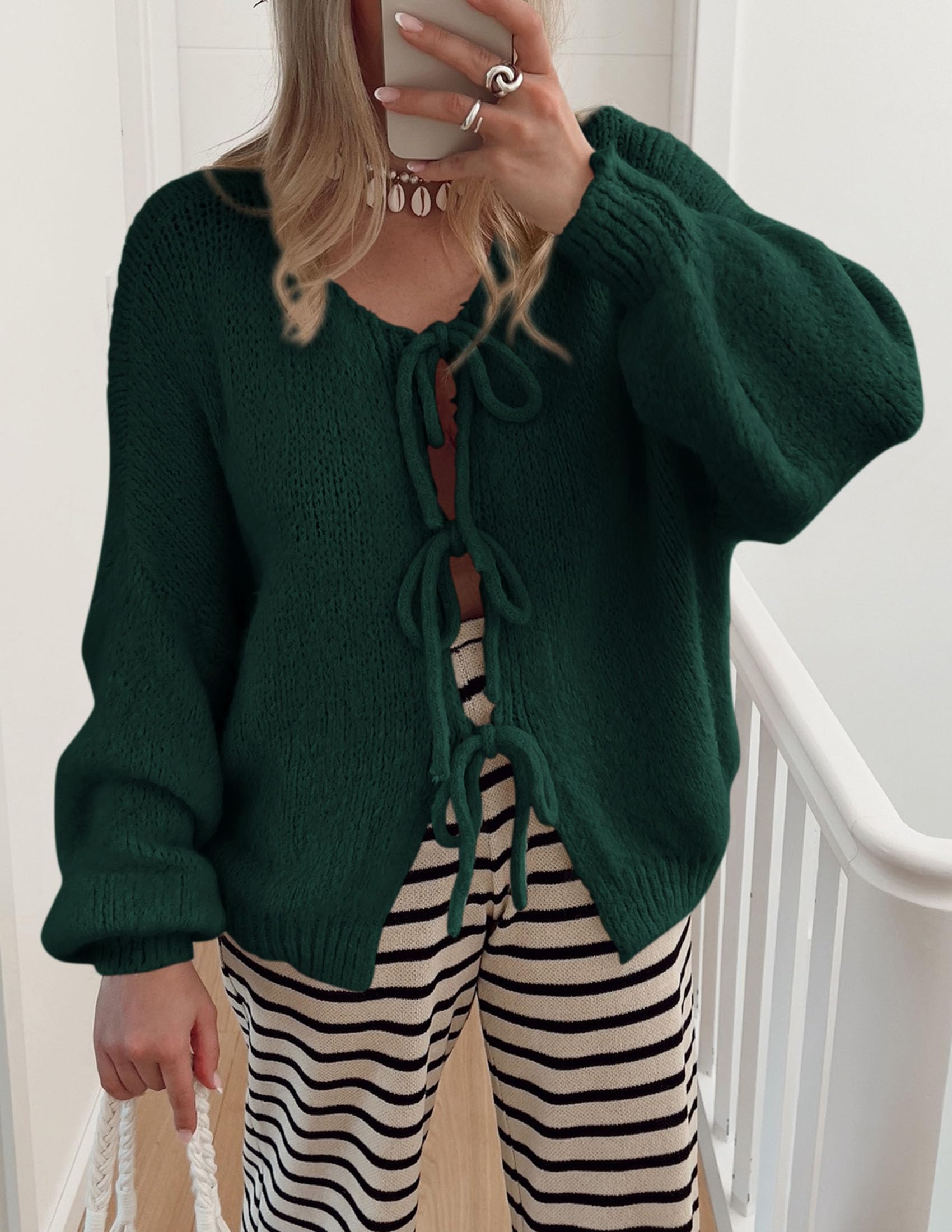 Women's Tie Front Bow Cardigan Sweaters(Dark Green,Small)