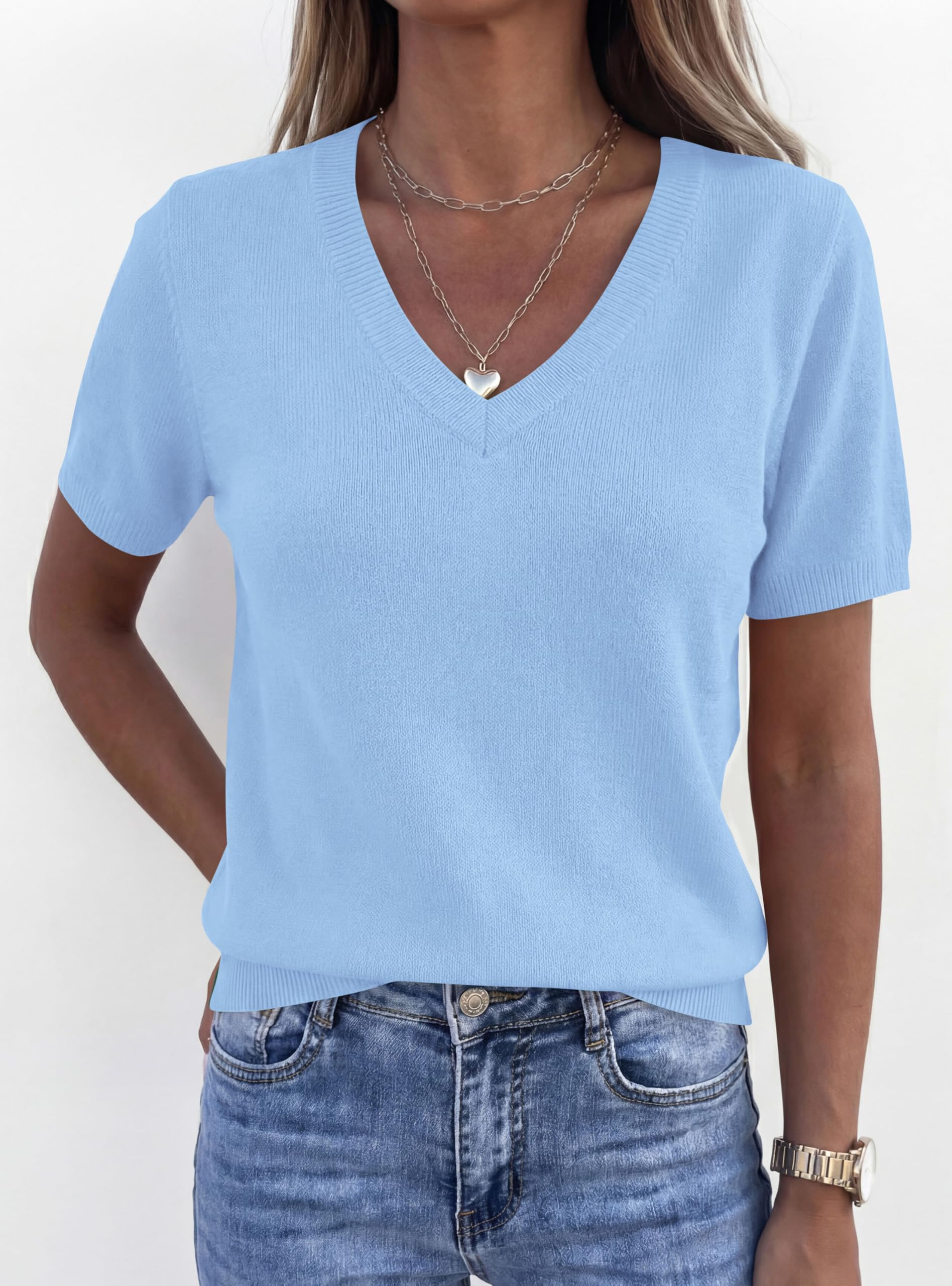 Womens Short Sleeve Sweater V Neck Tops,Light Blue,S
