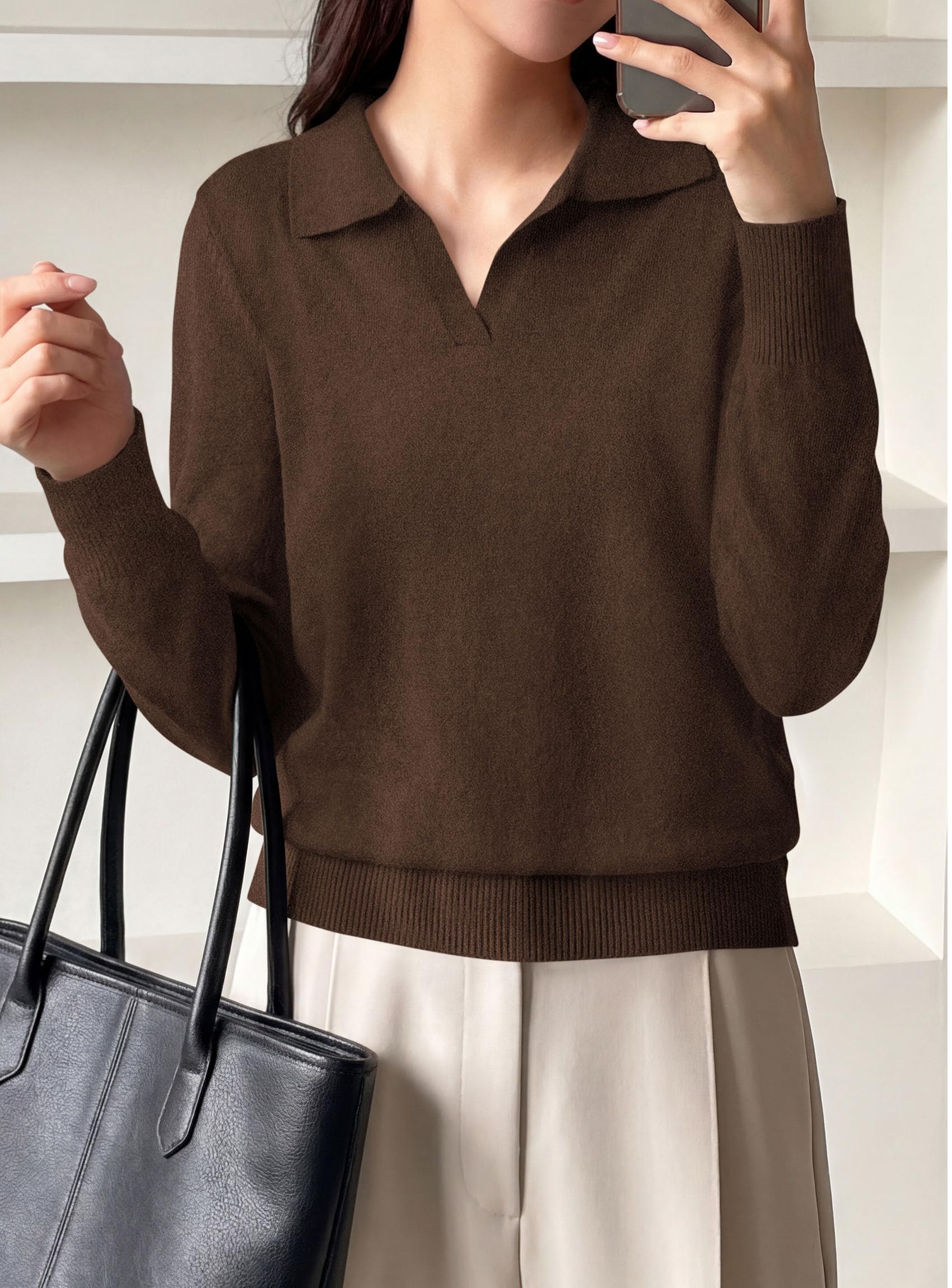 Womens Long Sleeve Collared Polo Sweater,Brown,S