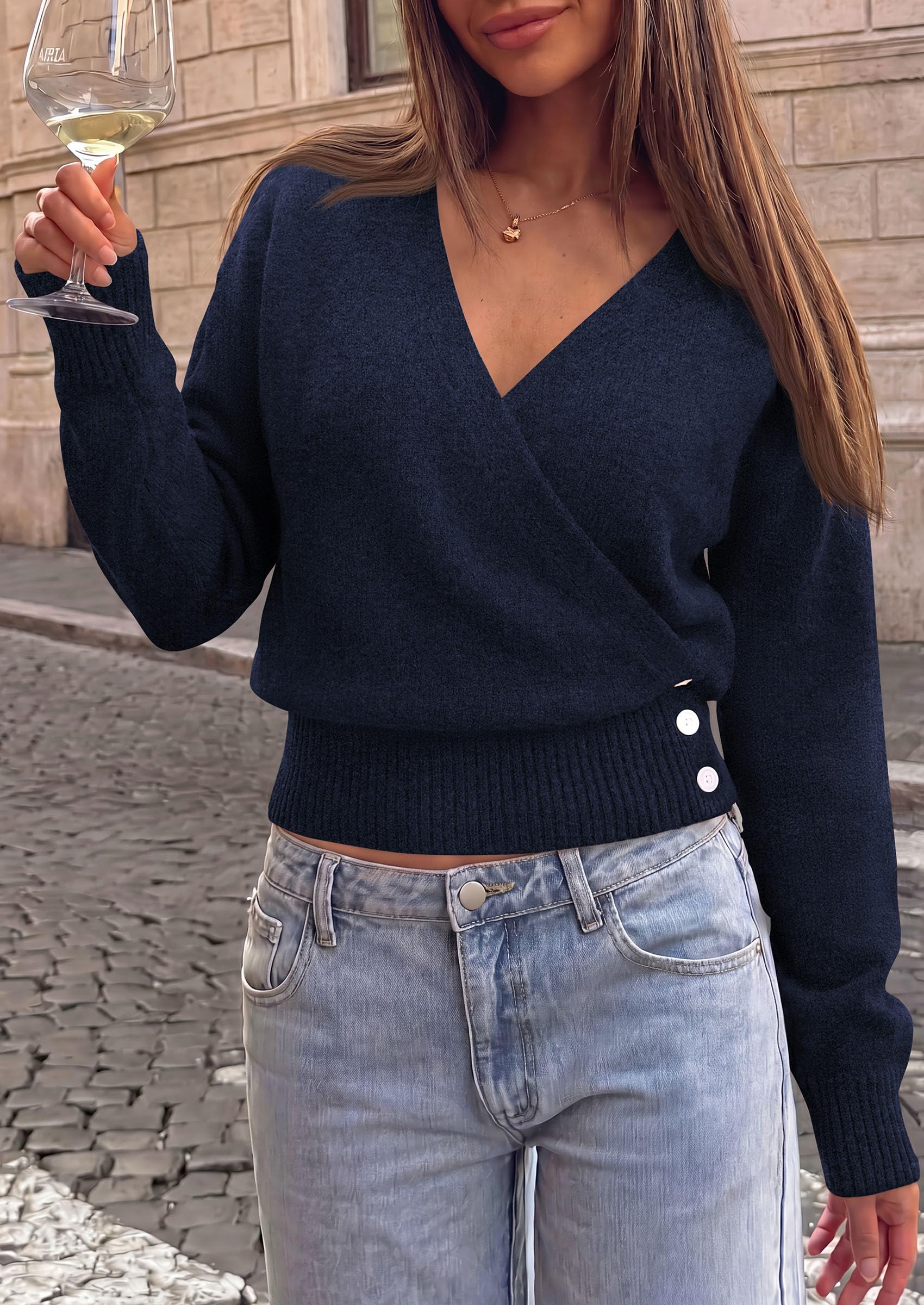 Women V Neck Wrap Sweater Cropped Tops (Navy Blue,S)
