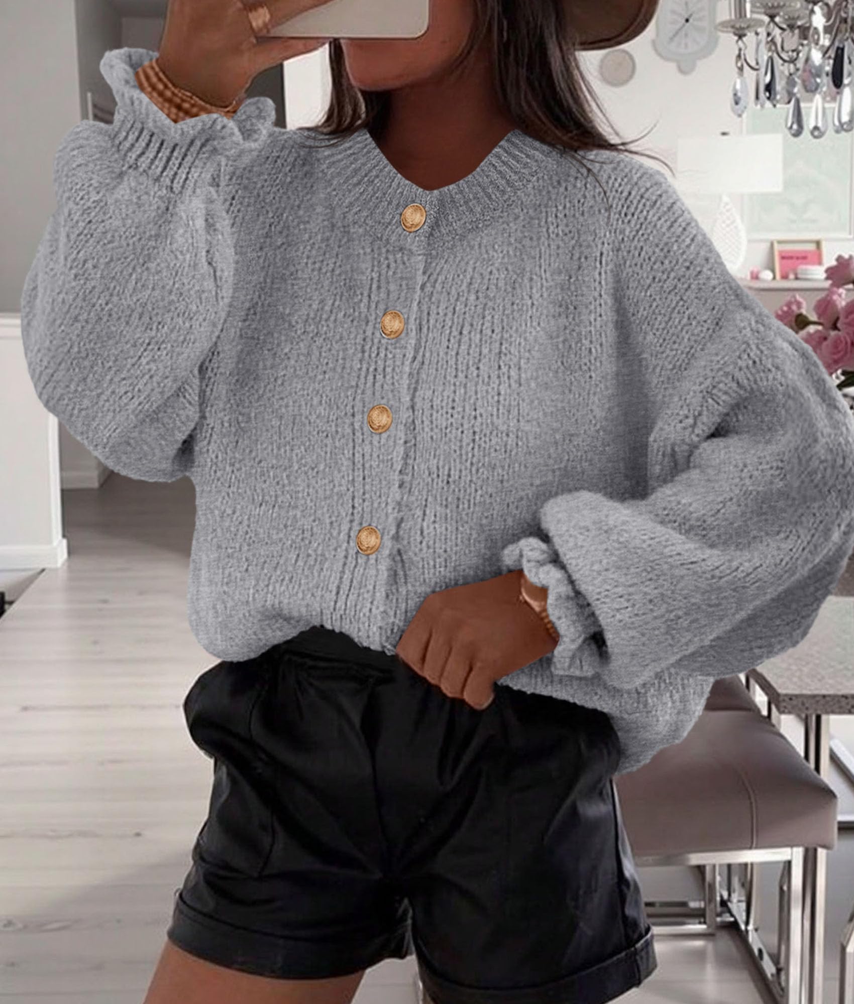 Womens Long Sleeve Chunky Knit Cardigan Sweaters,Grey,S